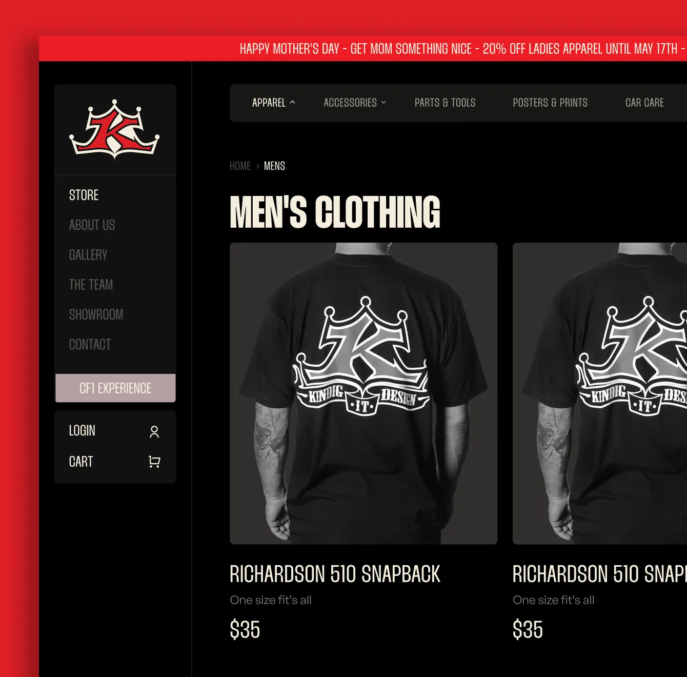 Men's clothing category page with snapback listings