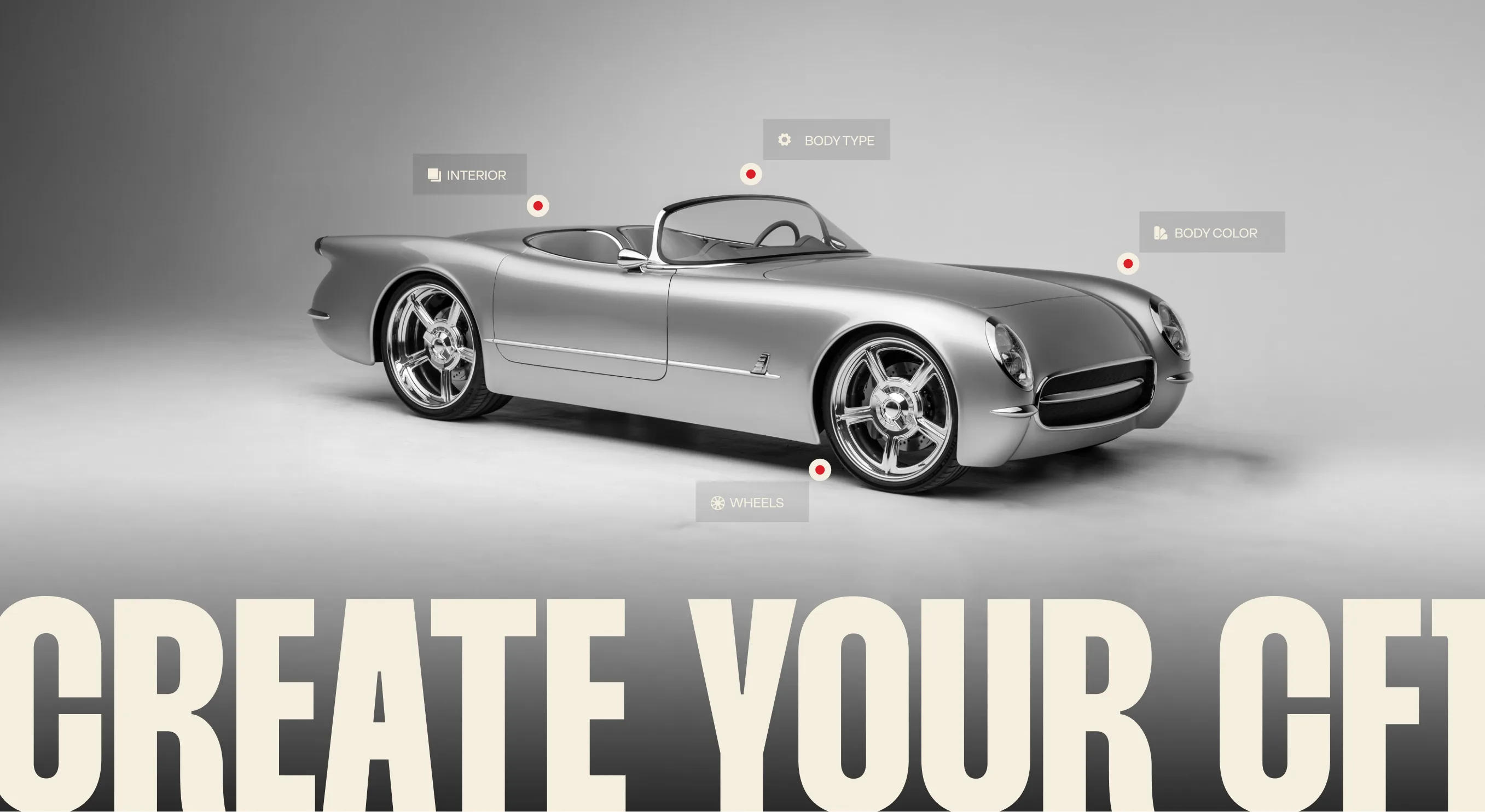 Configurator hero: silver CF1 with hotspots for interior, body type, body color, and wheels over the line Create Your CF1