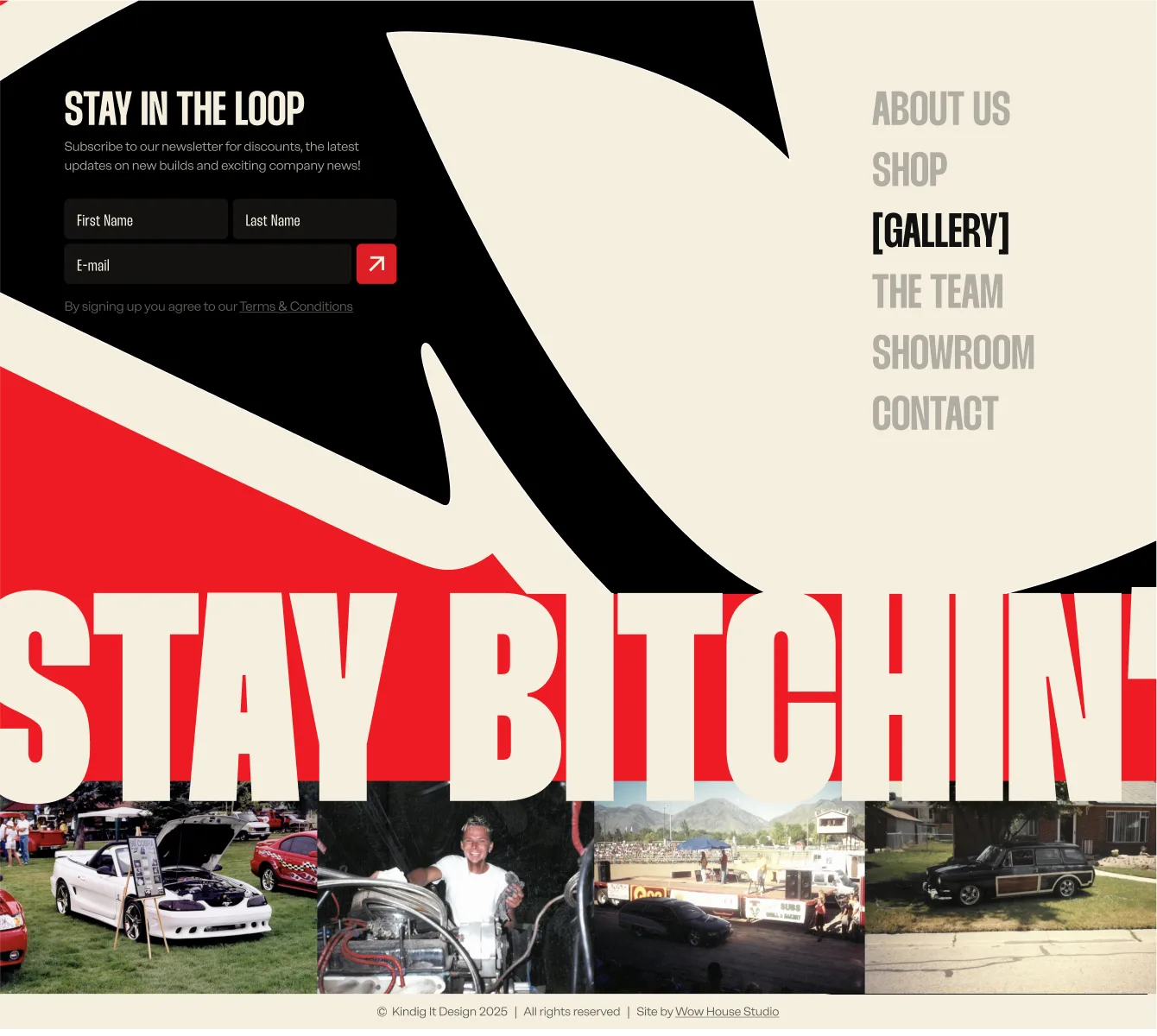 The Stay Bitchin' footer with newsletter signup and community photo strip
