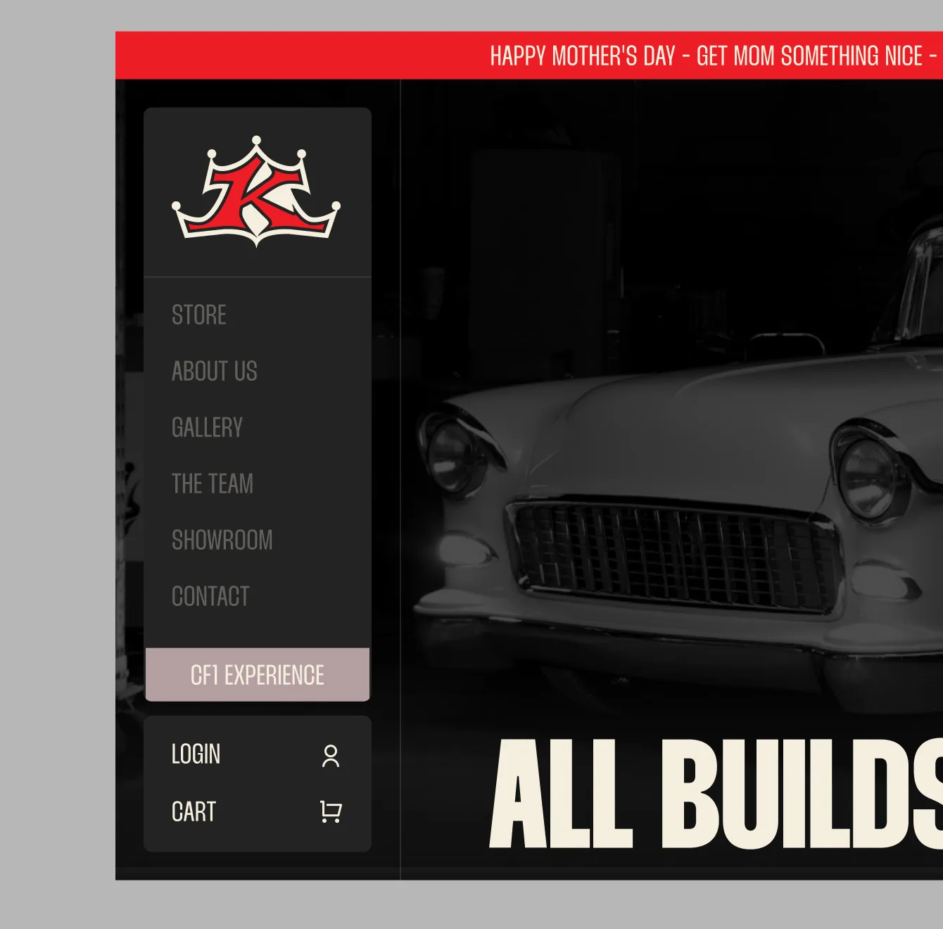 The site navigation over a gray backdrop, with the CF1 Experience button set apart from the menu