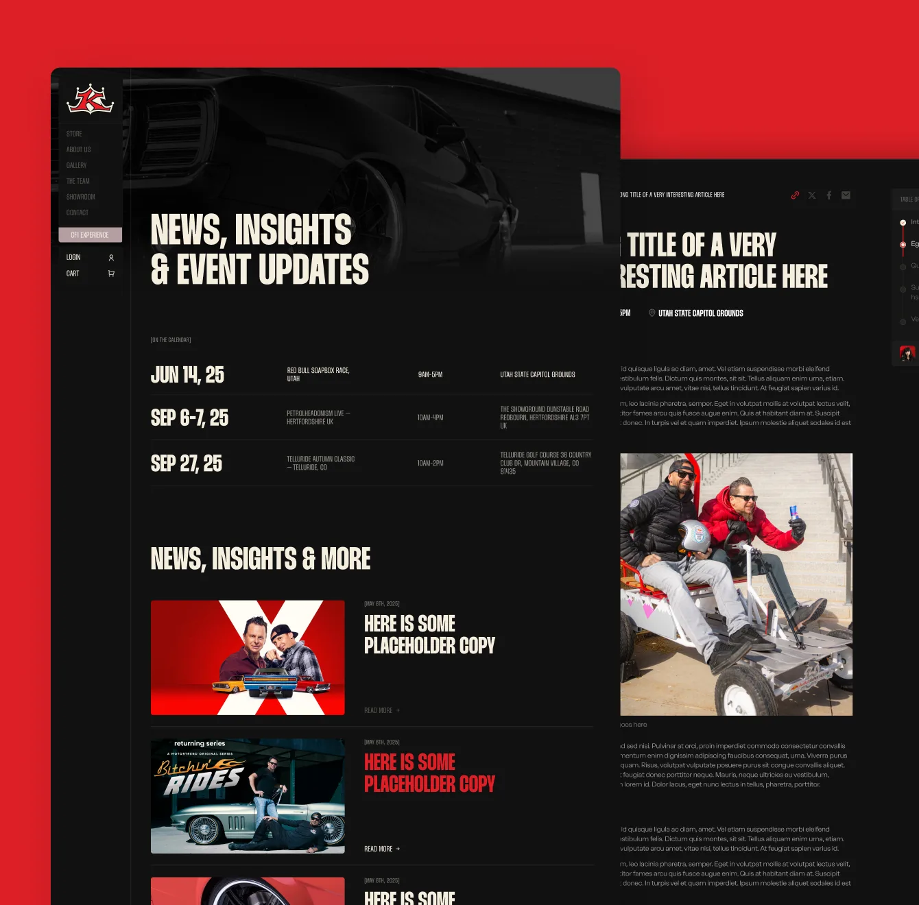 News, insights and event updates pages on a red background