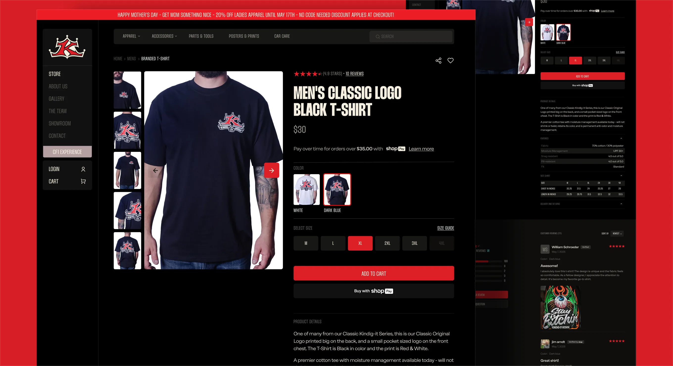 Product page for the classic logo t-shirt with gallery, variants, and reviews