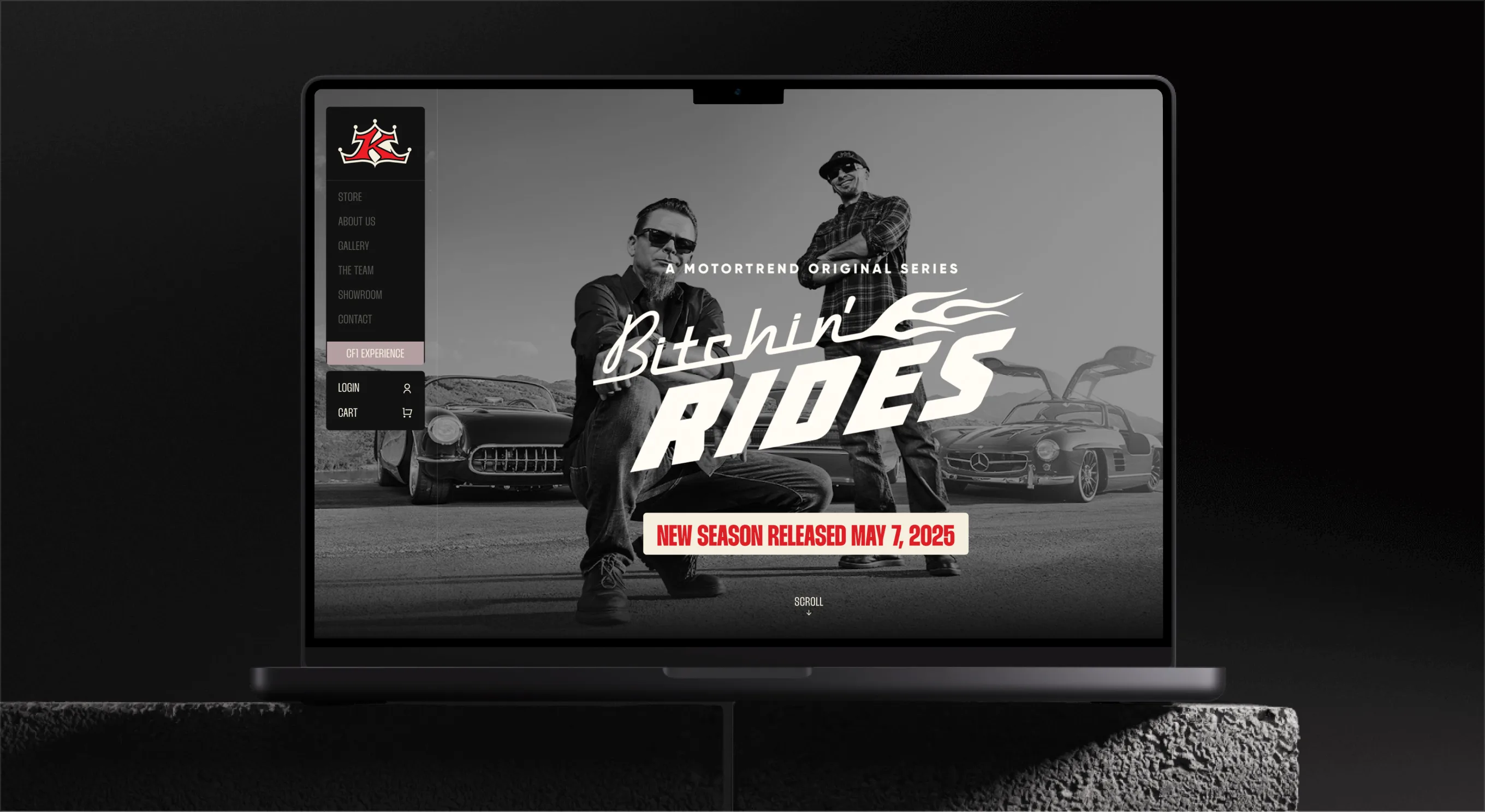 Laptop with the Bitchin' Rides homepage hero announcing the new season