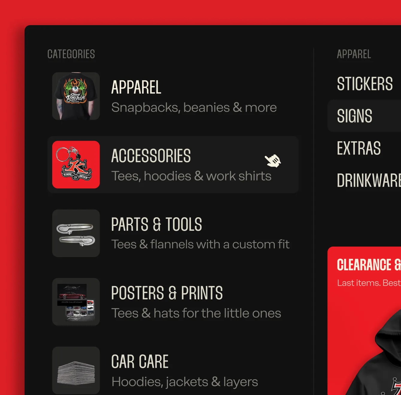 Icon-led store sidebar: Apparel, Accessories, Parts & Tools, Posters & Prints, Car Care
