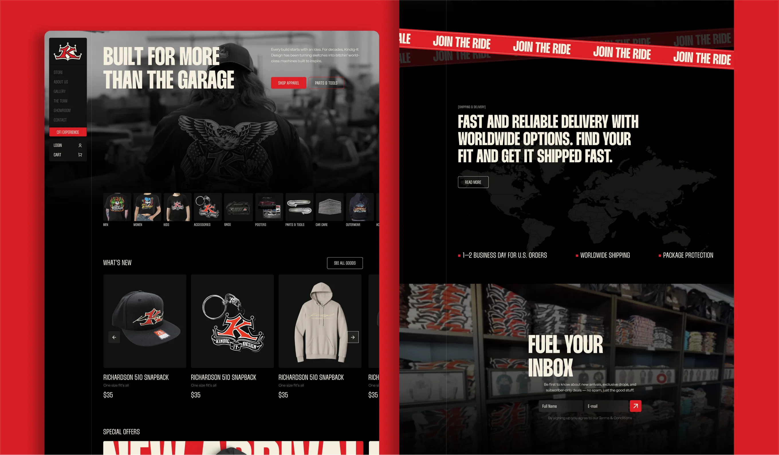 Store pages on red: homepage grid, delivery banner, and newsletter signup
