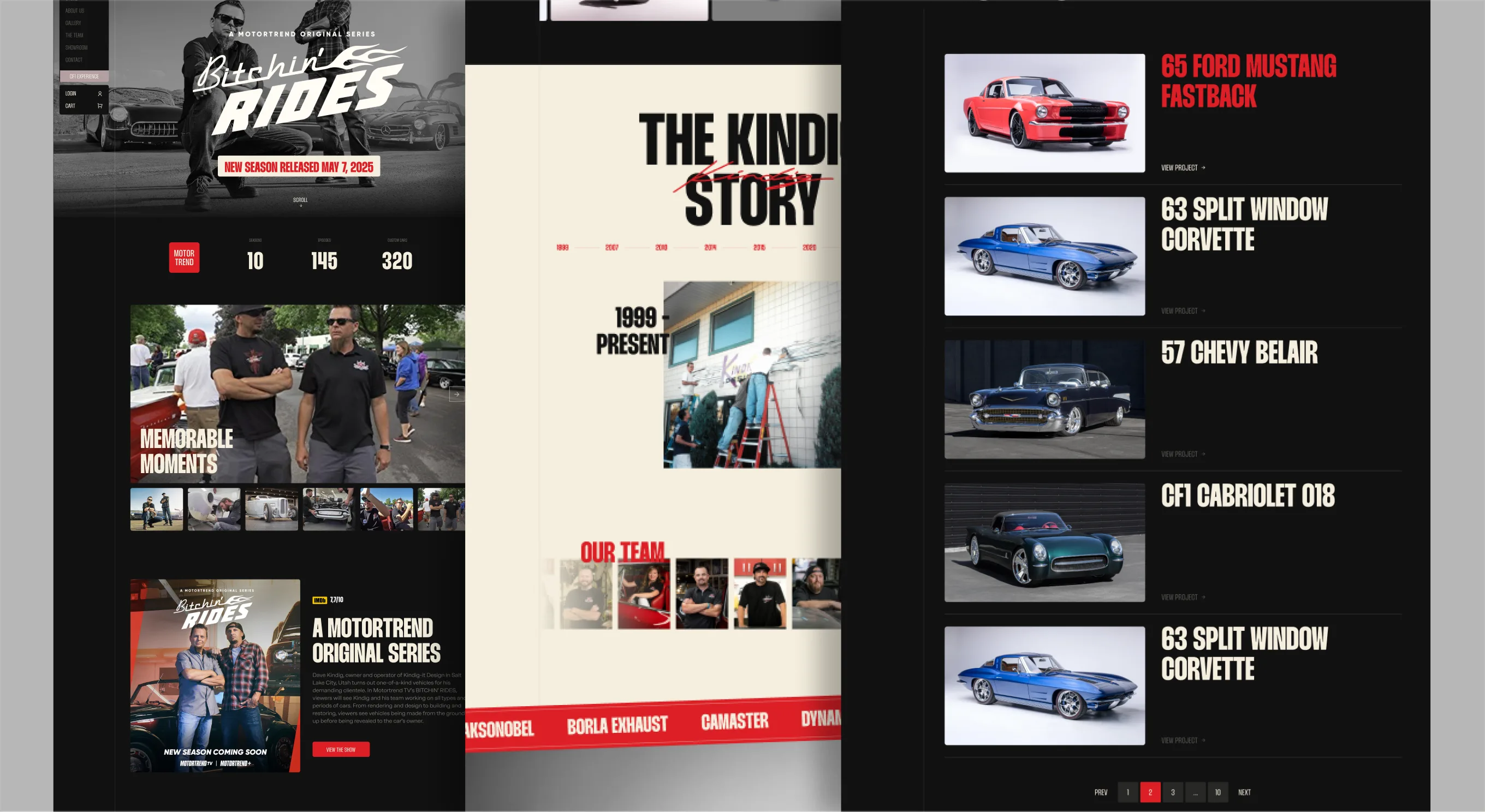 The Kindig story spread: timeline since 1999, team photos, and the For Sale car inventory