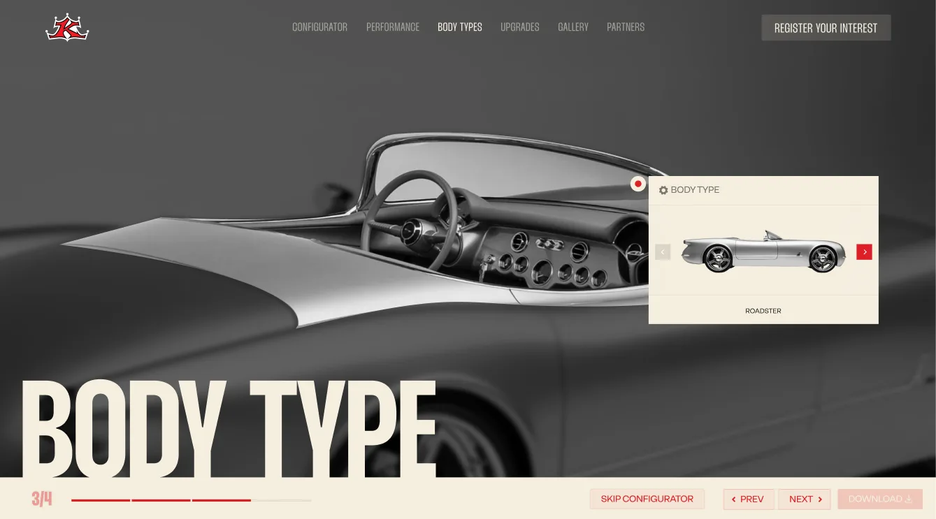 Body type step showing the roadster silhouette