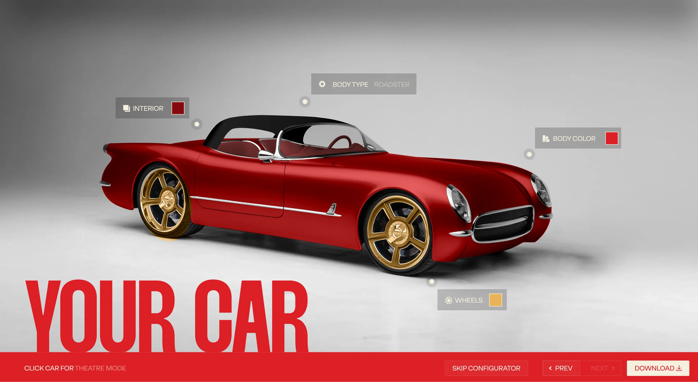 Final Your Car screen: the finished red CF1 with all chosen options and a download button