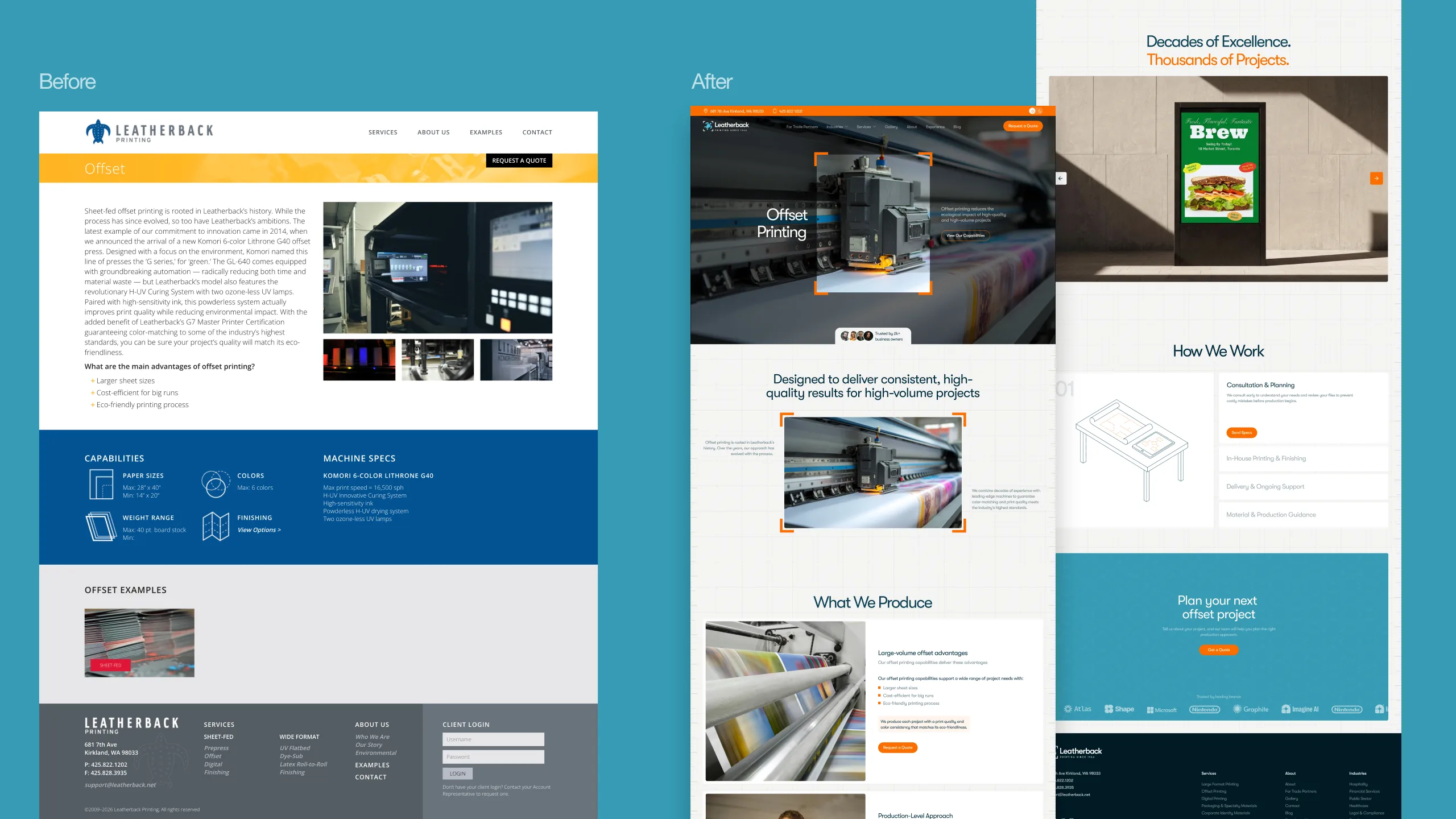 Before and after: the old Leatherback service page next to the redesigned pages on a teal background