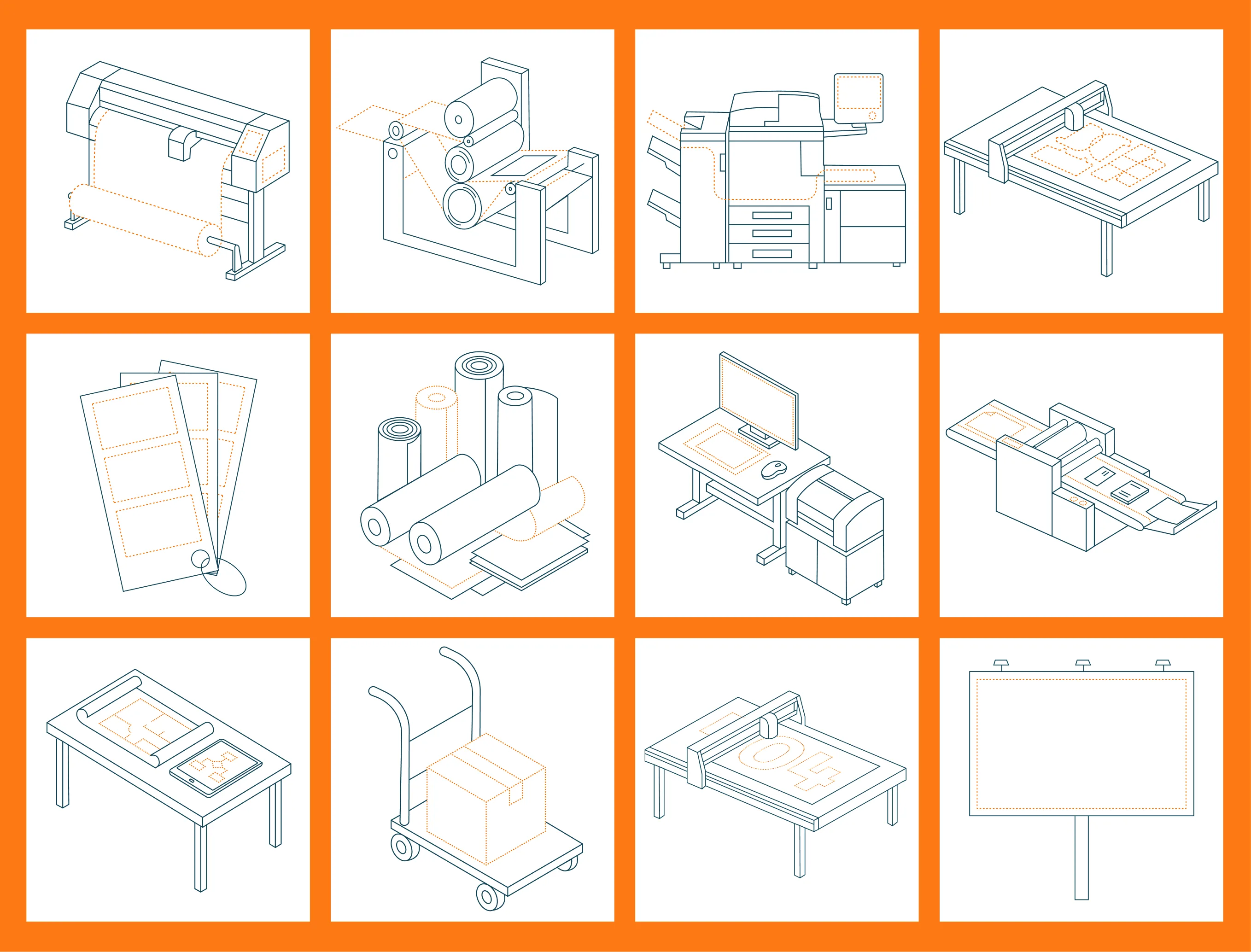 Twelve isometric line illustrations of print machinery on an orange grid: presses, plotters, rolls, and a billboard