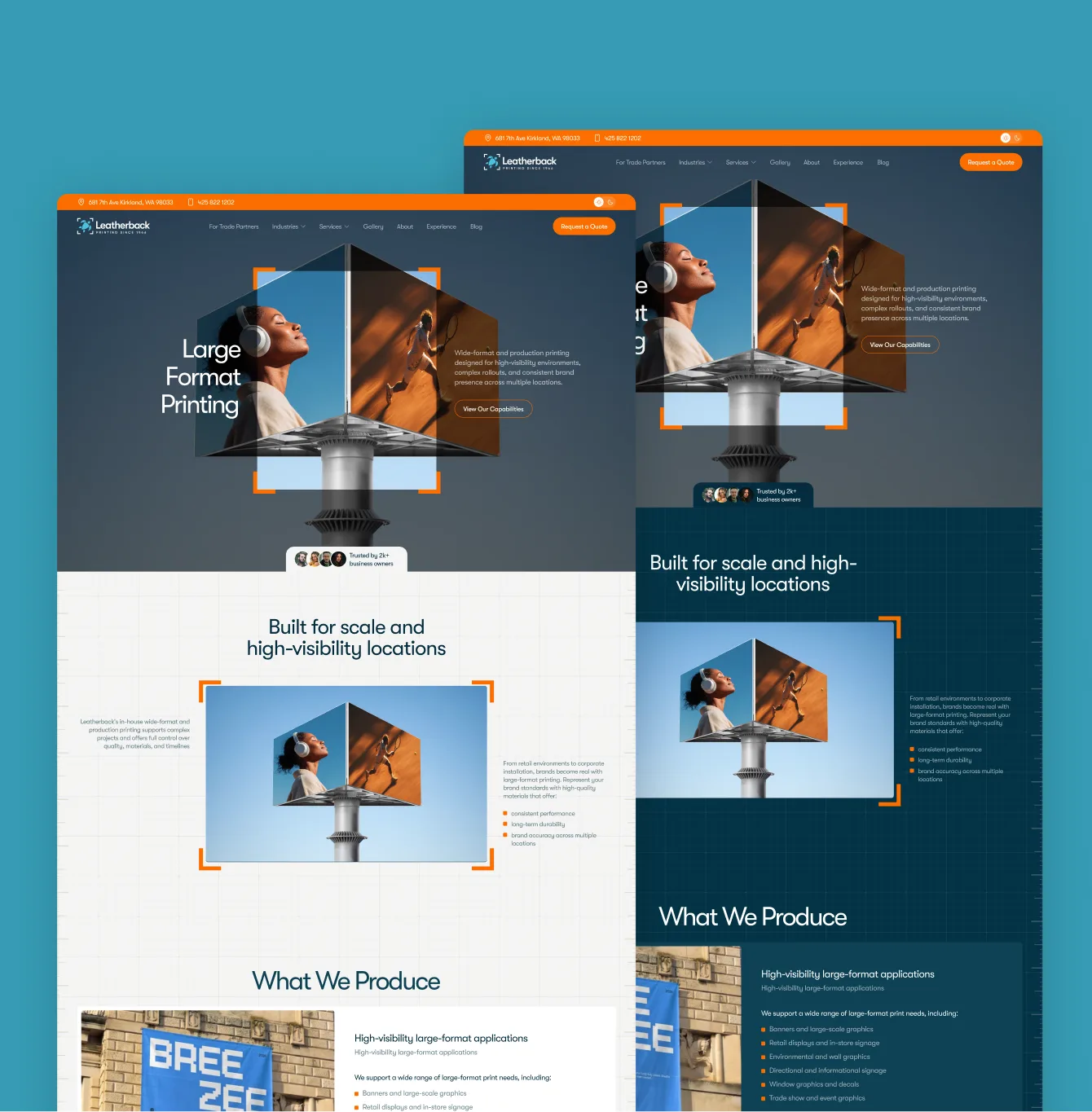 Two large-format service pages shown side by side on a teal background