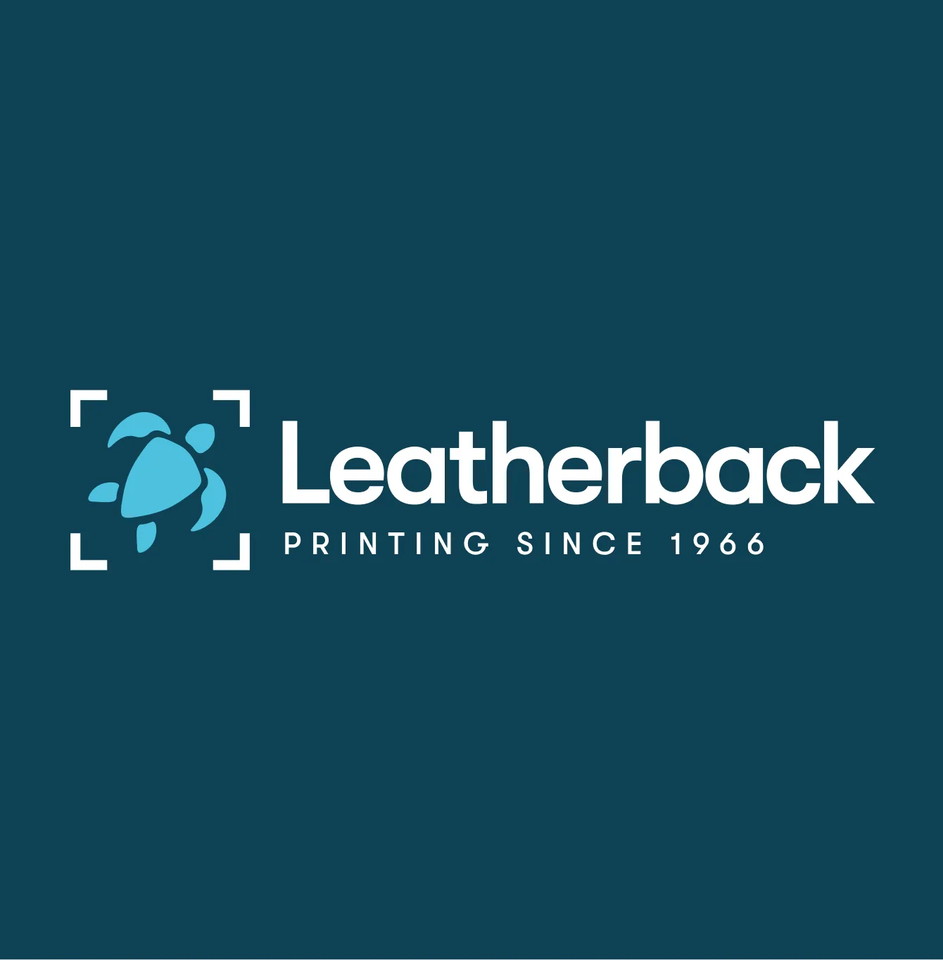 The new Leatherback logo lockup: turtle mark in crop marks, 'Printing since 1966'