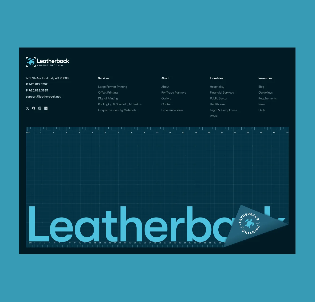The redesigned footer with service, about, industry, and resource columns over a ruler graphic