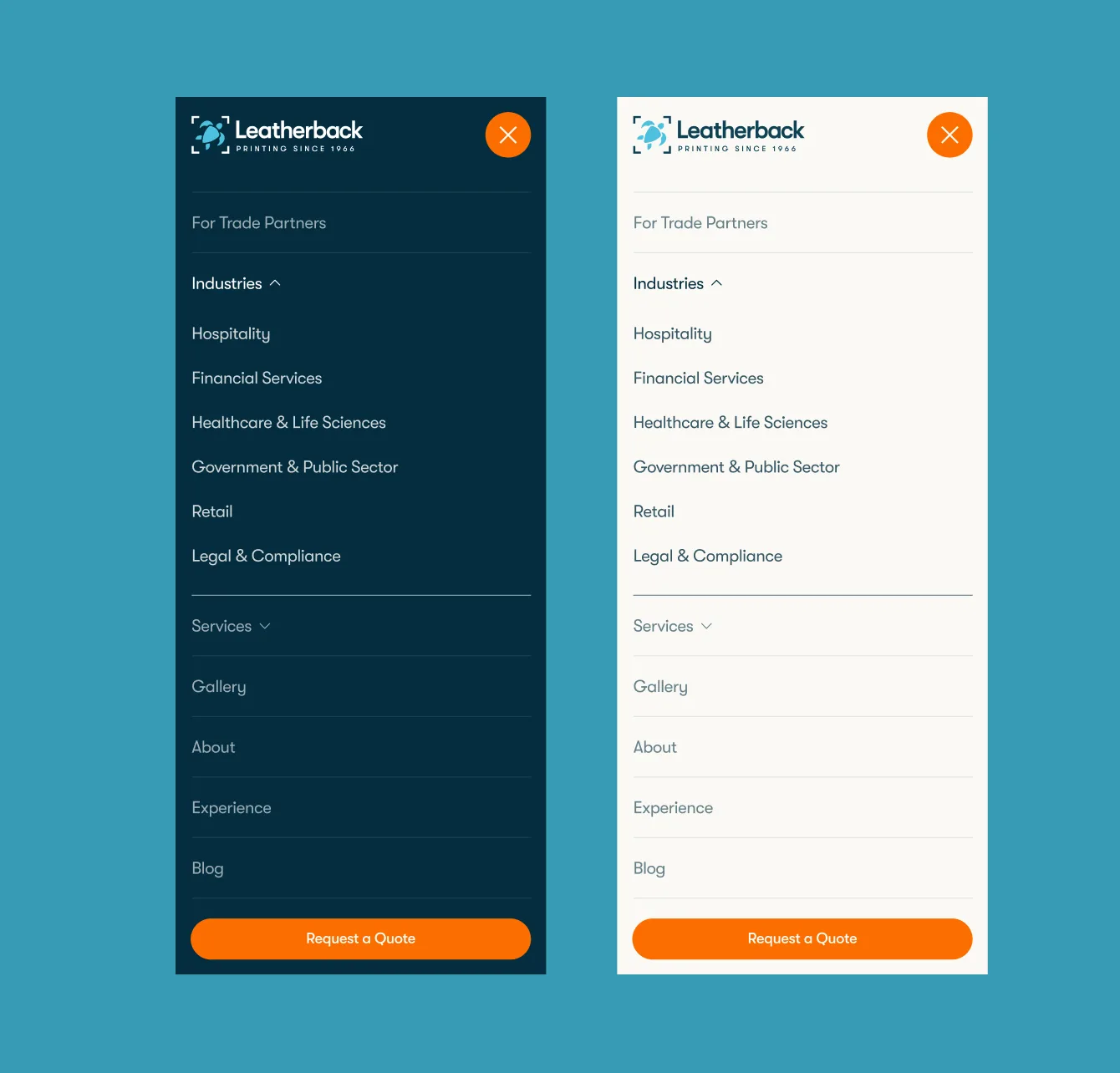 Mobile menu in dark and light modes with collapsible industry and service groups