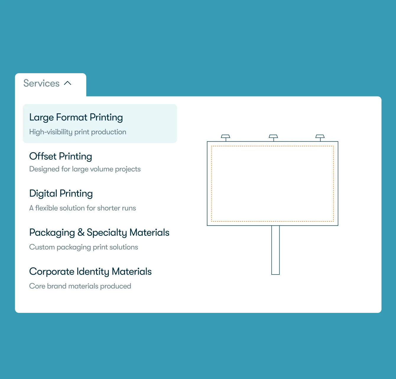 The Services dropdown with five capability categories and a billboard illustration