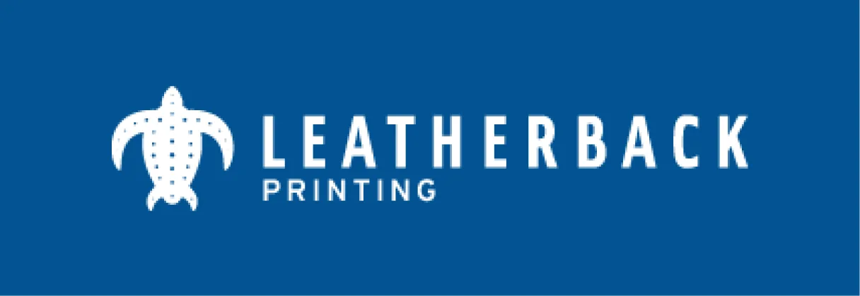 The old Leatherback Printing logo, a white turtle wordmark on a blue band