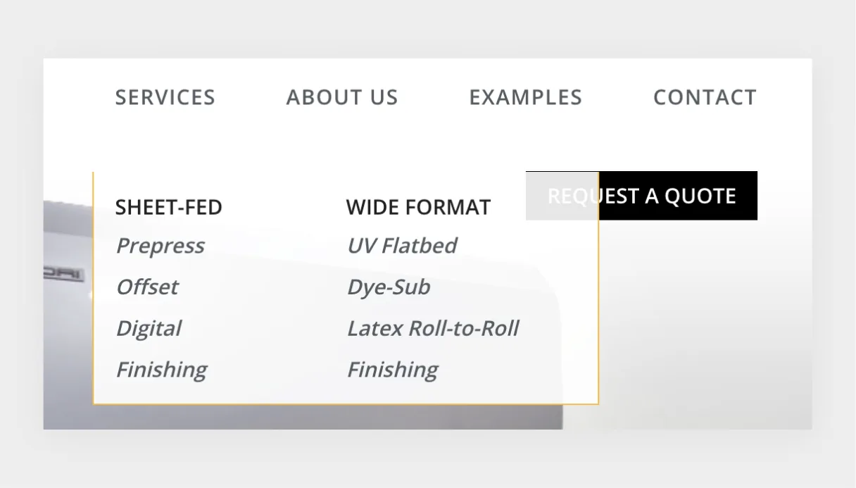 The old site's navigation dropdown listing sheet-fed and wide-format services