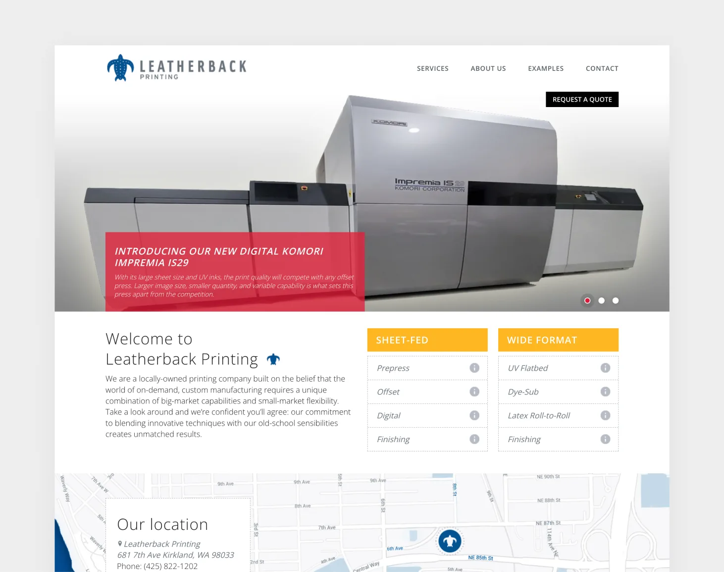 The old Leatherback Printing homepage: a dated layout with a press photo, service lists, and a location map
