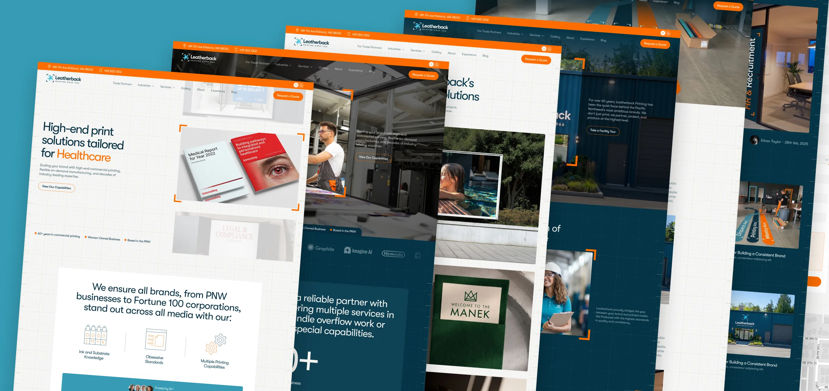 Fanned-out collage of the new site's pages on a teal background