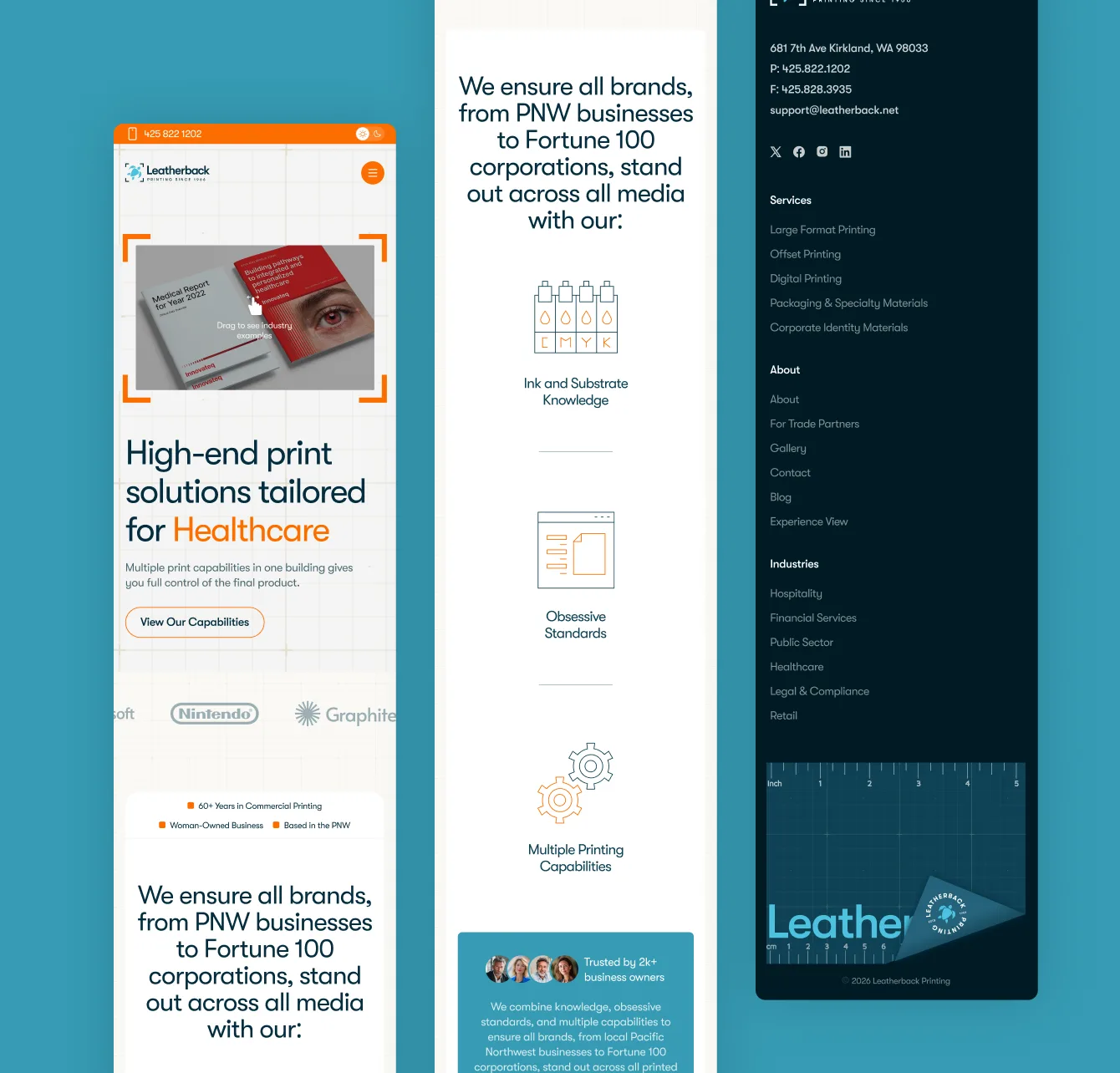 Mobile layouts of the healthcare landing page and the site footer