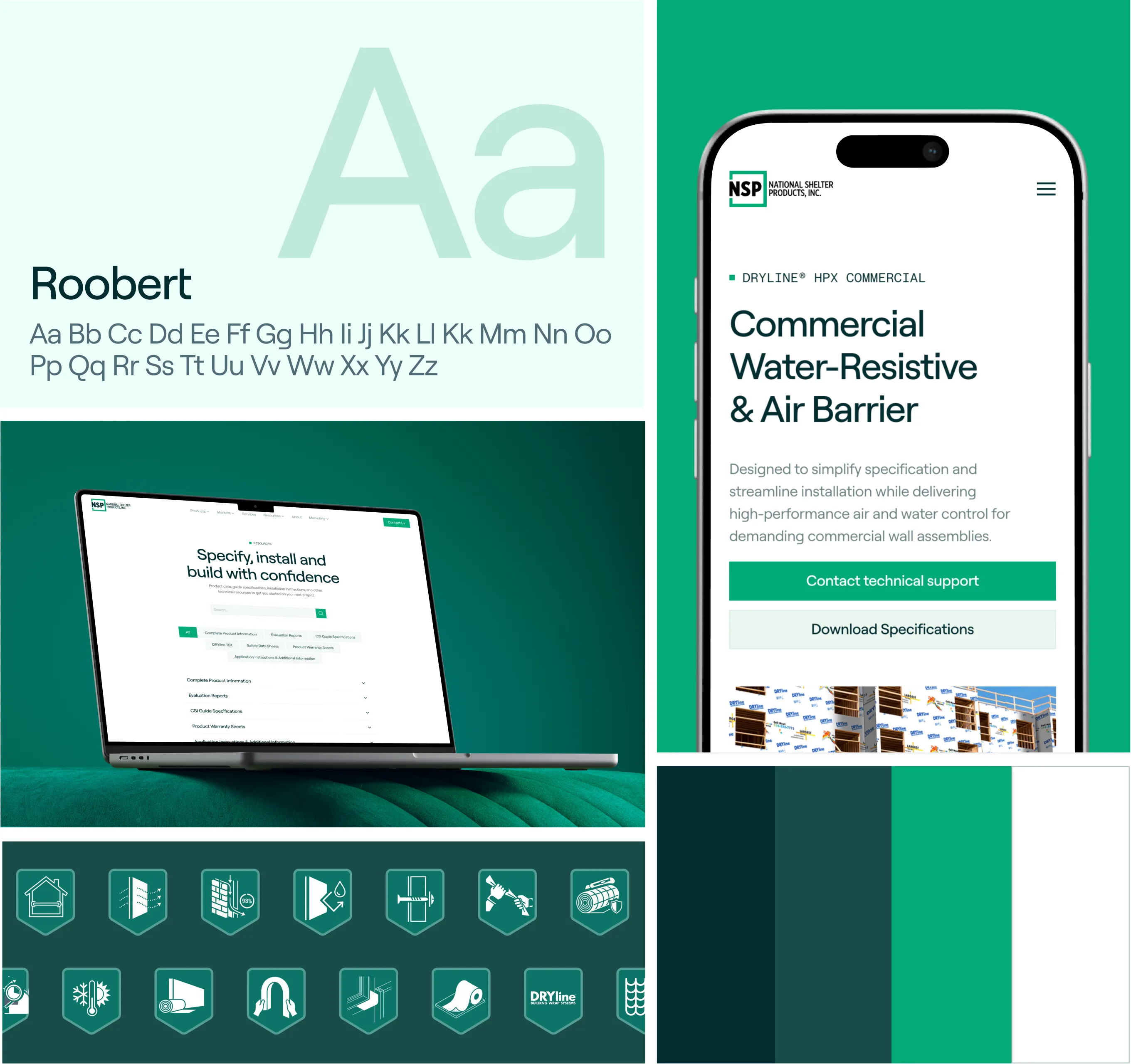 Brand refresh board: Roobert type scale, green and navy color system, icon set, and page samples