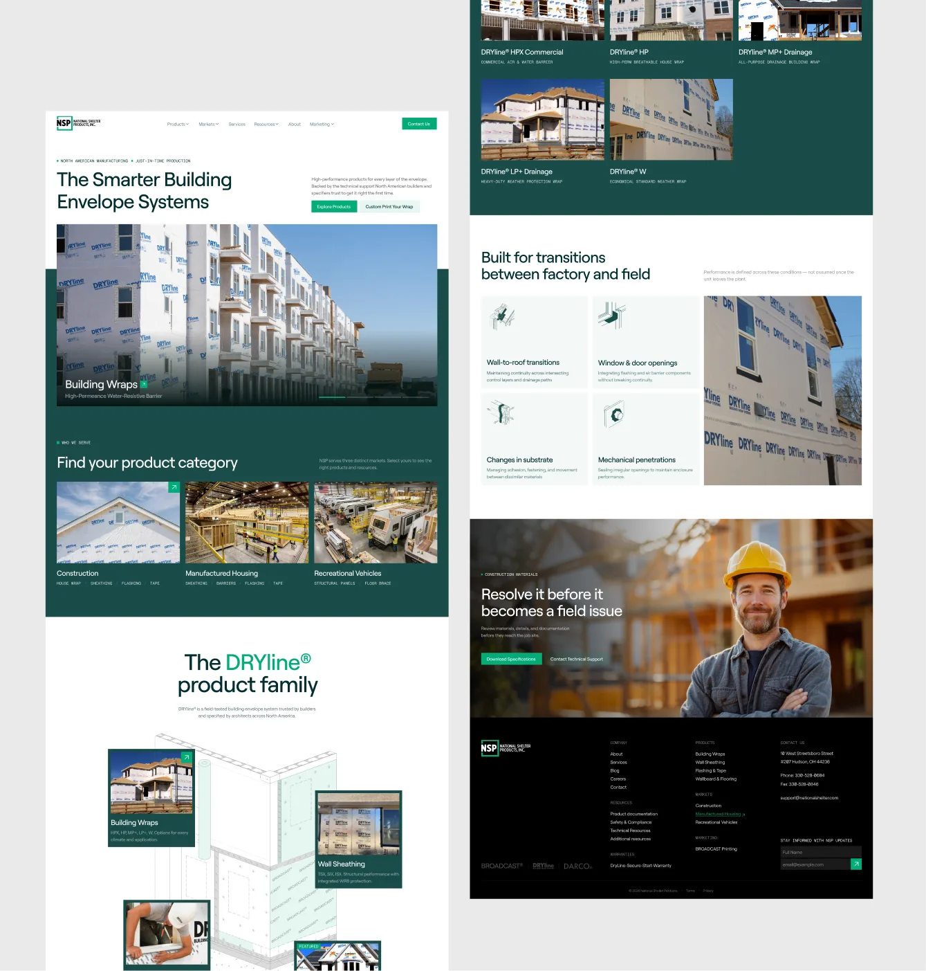 New homepage pages: envelope systems overview, product category entry points, and the DRYline product family