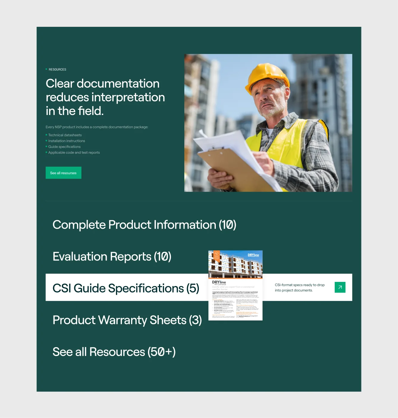 Resources entry card: clear documentation reduces interpretation in the field, with document type counts