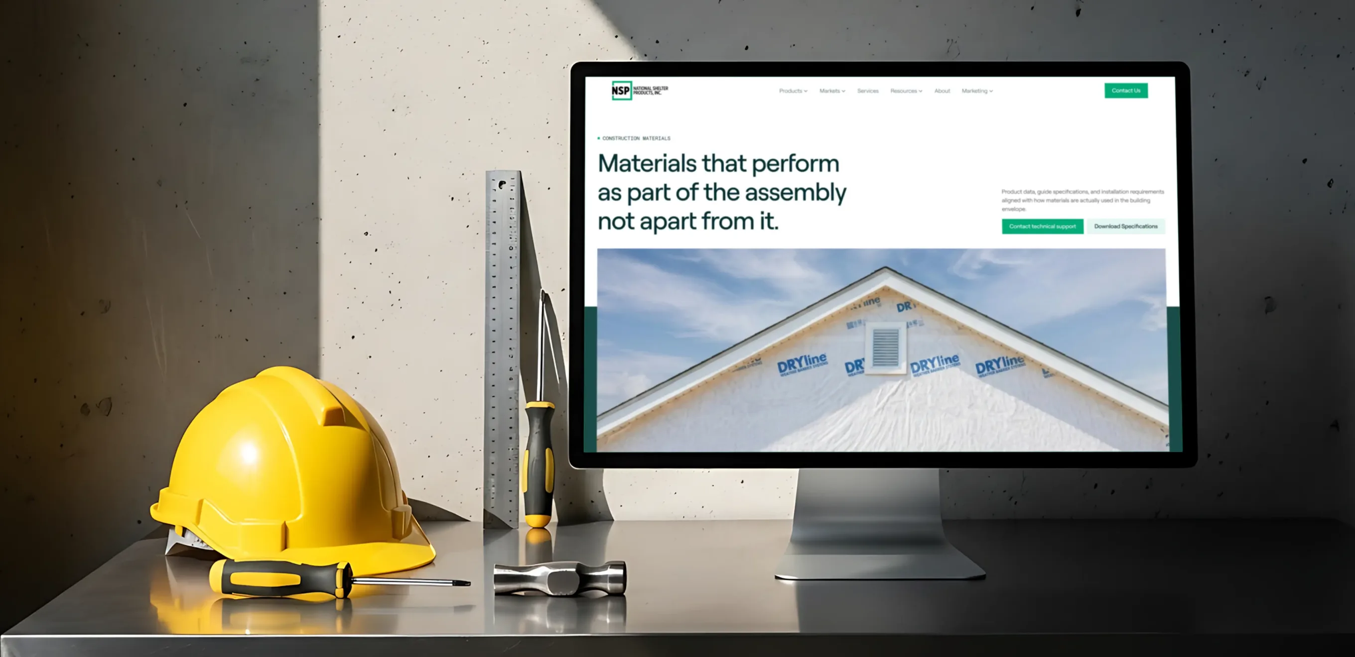 Monitor on a workbench with a yellow hard hat, showing the NSP homepage: materials that perform as part of the assembly