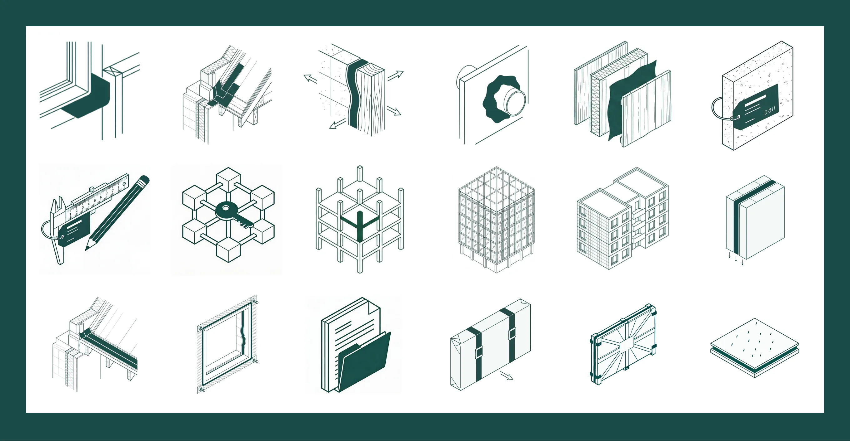Isometric line illustrations of wall assemblies, transitions, and installation details on dark green