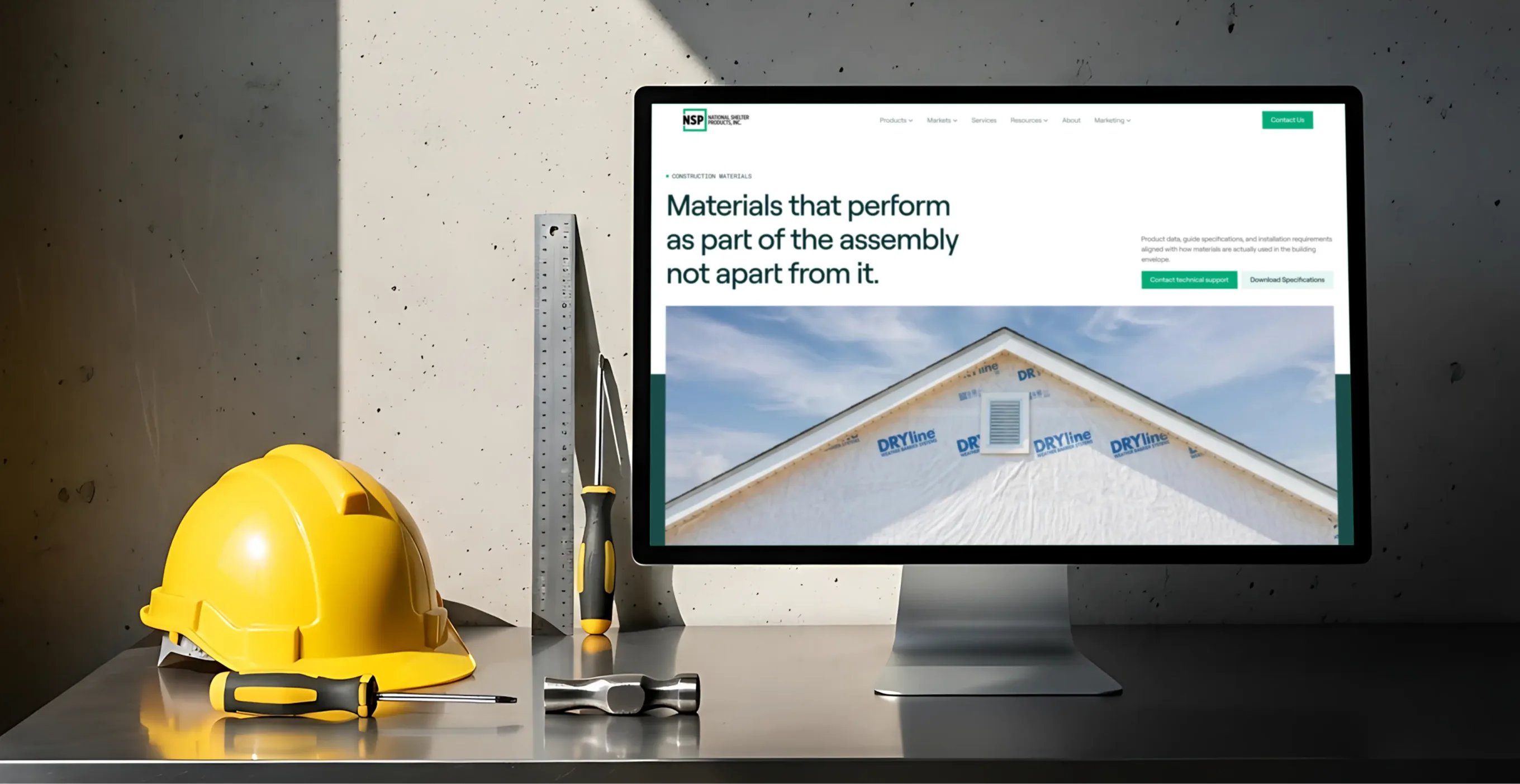 The launched NSP site on dark green: homepage, product pages, and resources hub together
