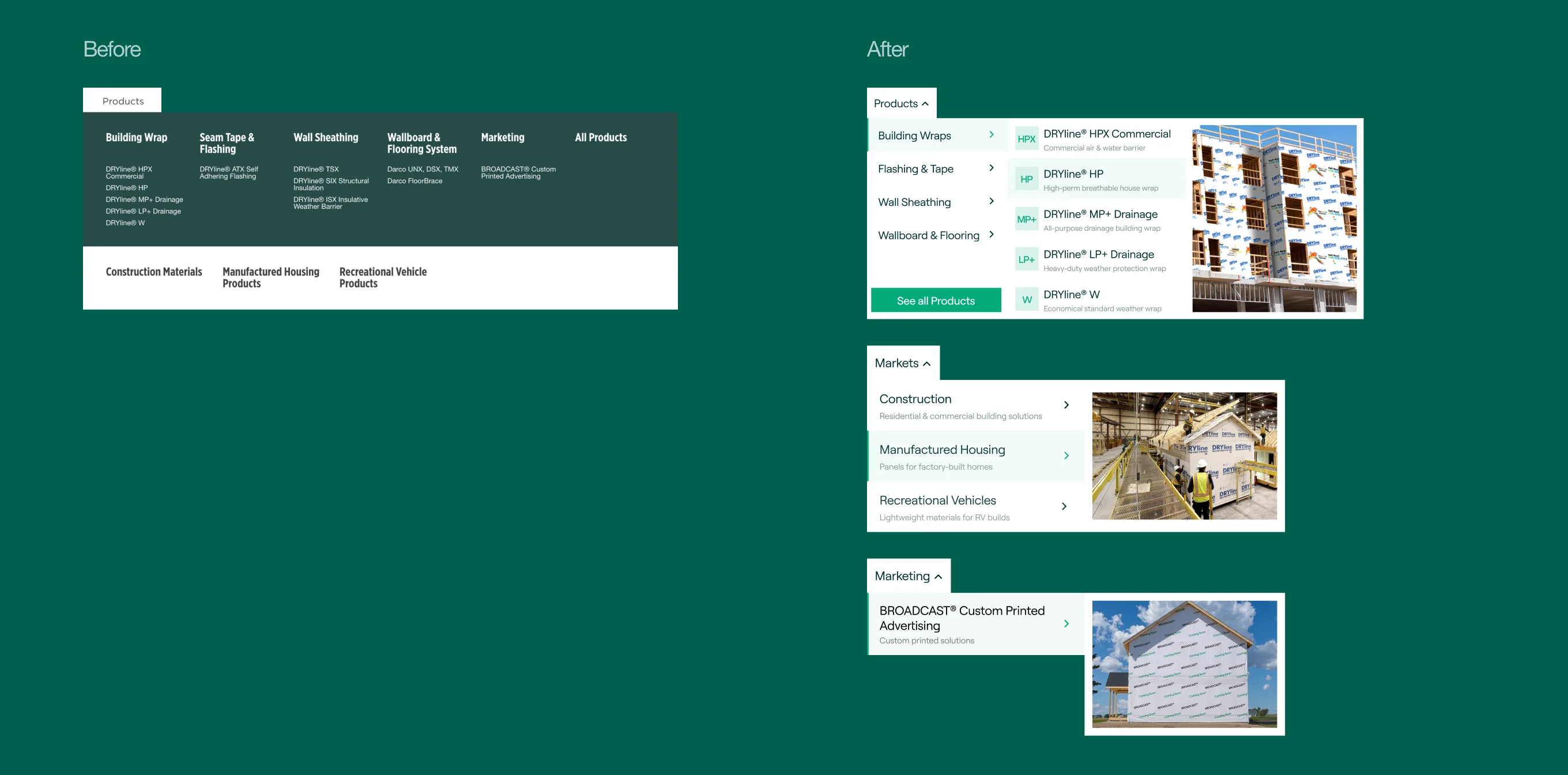 Before and after: the flat SKU dropdown next to the new two-step mega-menu with families, markets, and photos