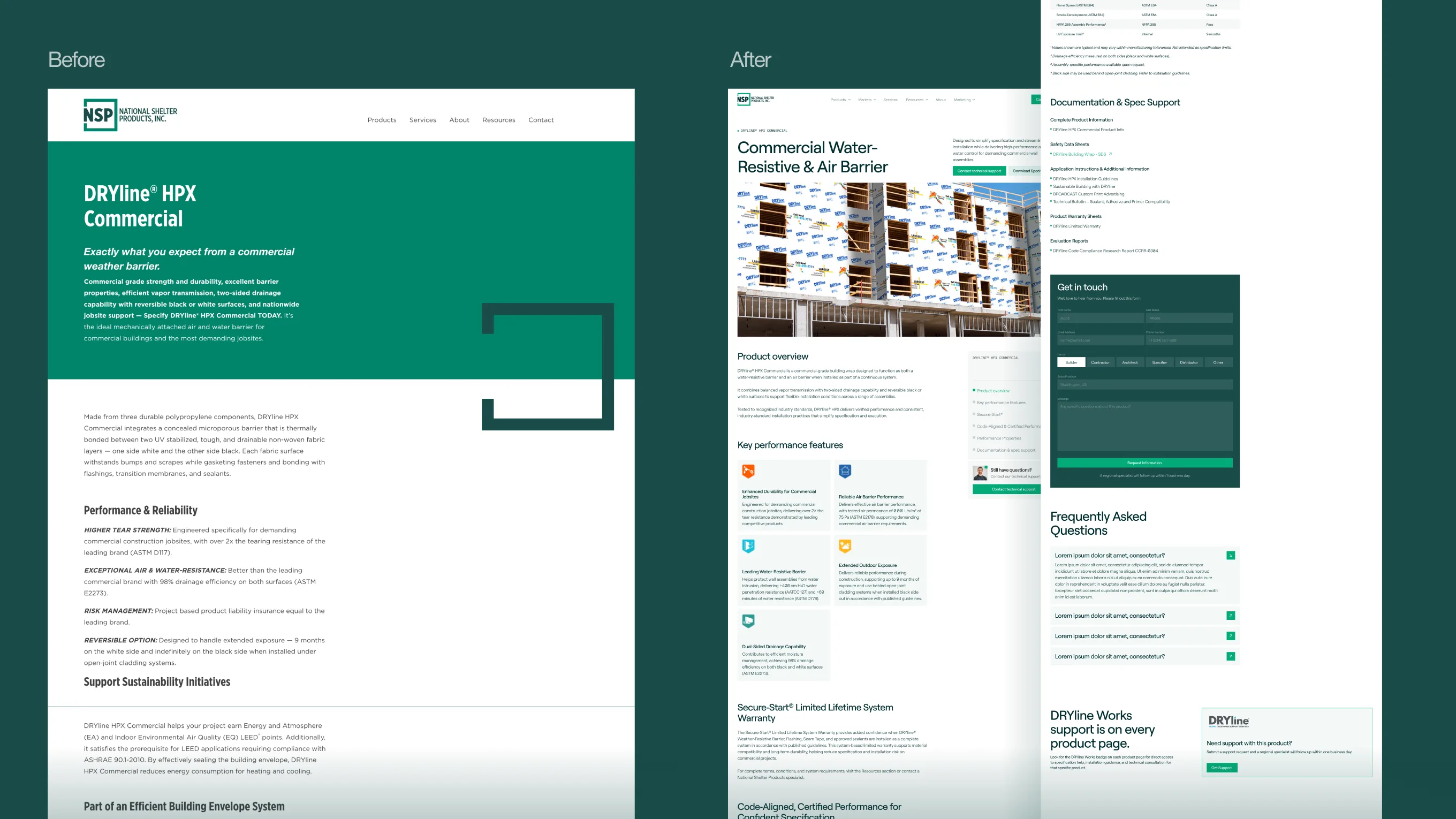 Before and after: the long-scroll text product page next to the new sectioned page with spec support and FAQ