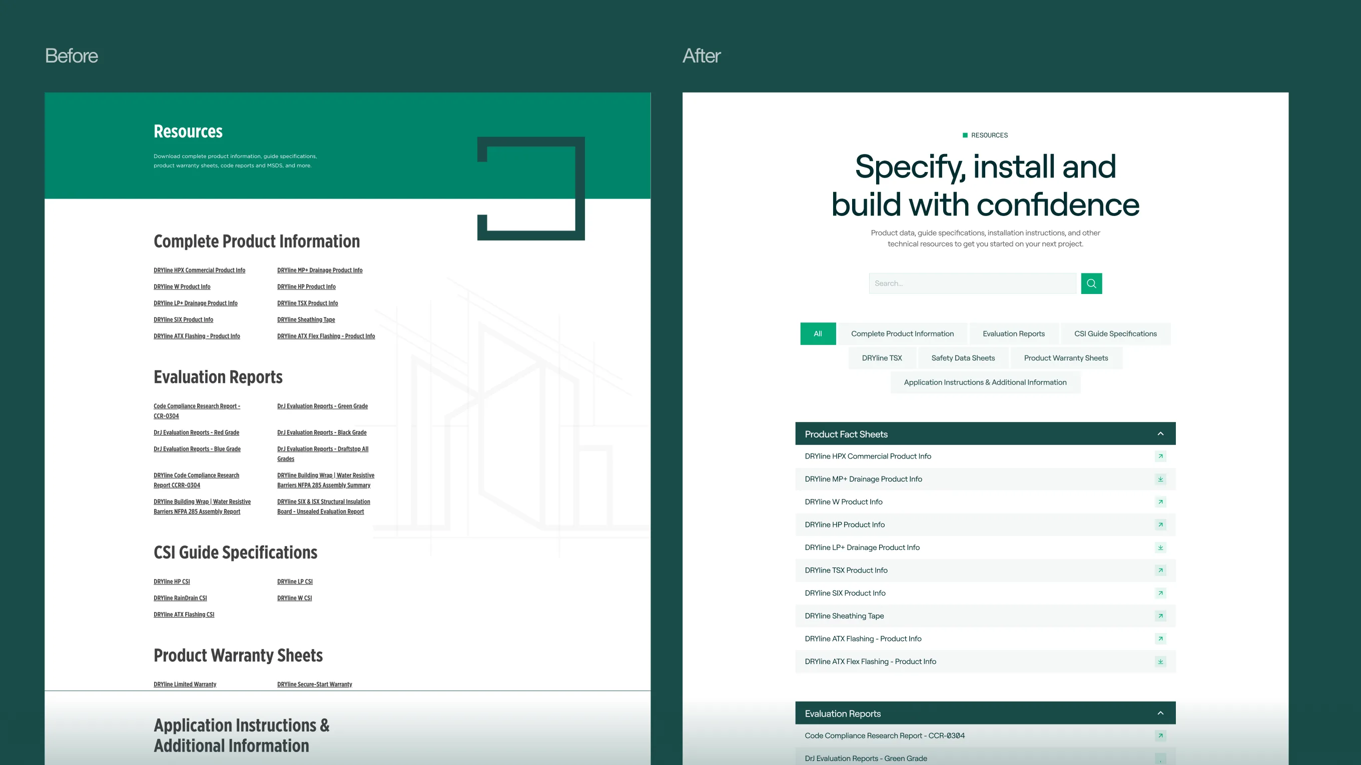 Before and after: the flat documents list next to the new searchable, filterable resources hub