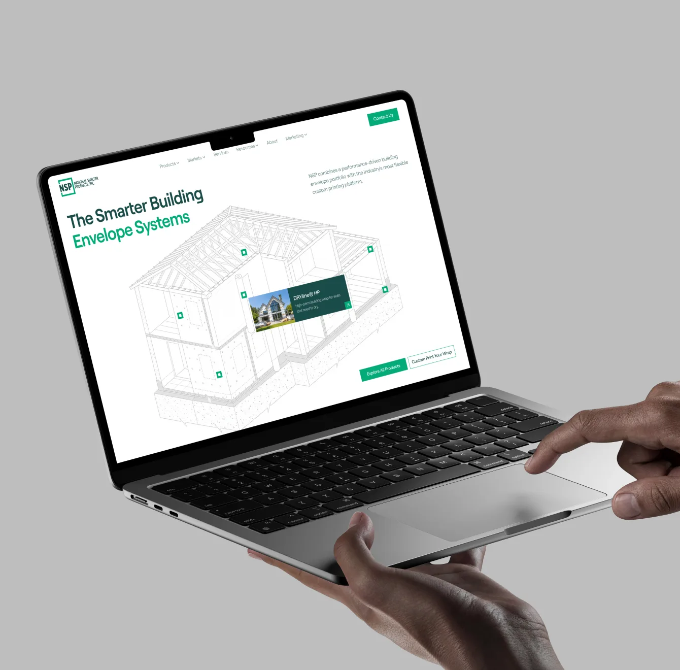NSP site pages fanned out over a green backdrop