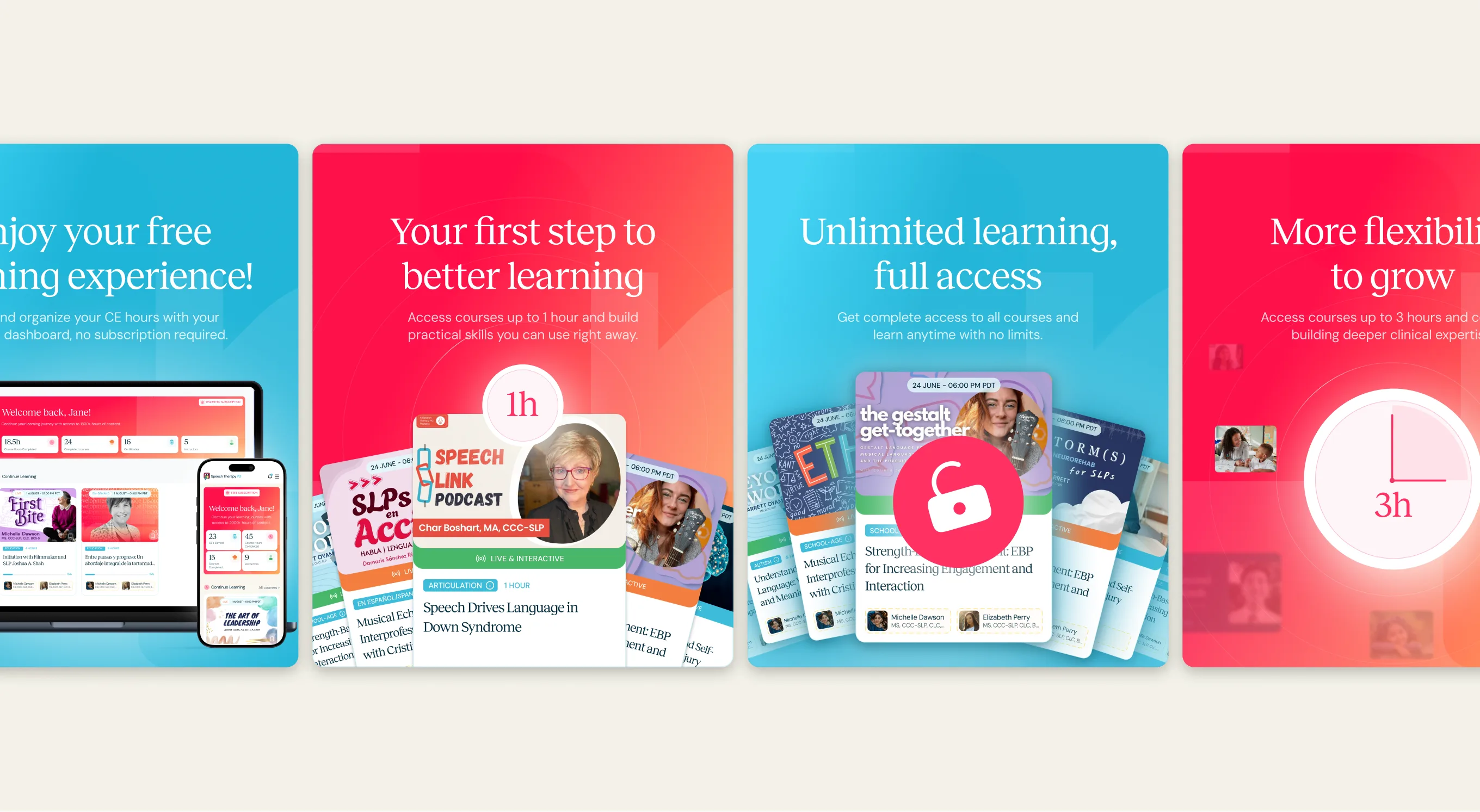 Set of social media and promo banners for courses, webinars, and monthly CE lineups on a beige background