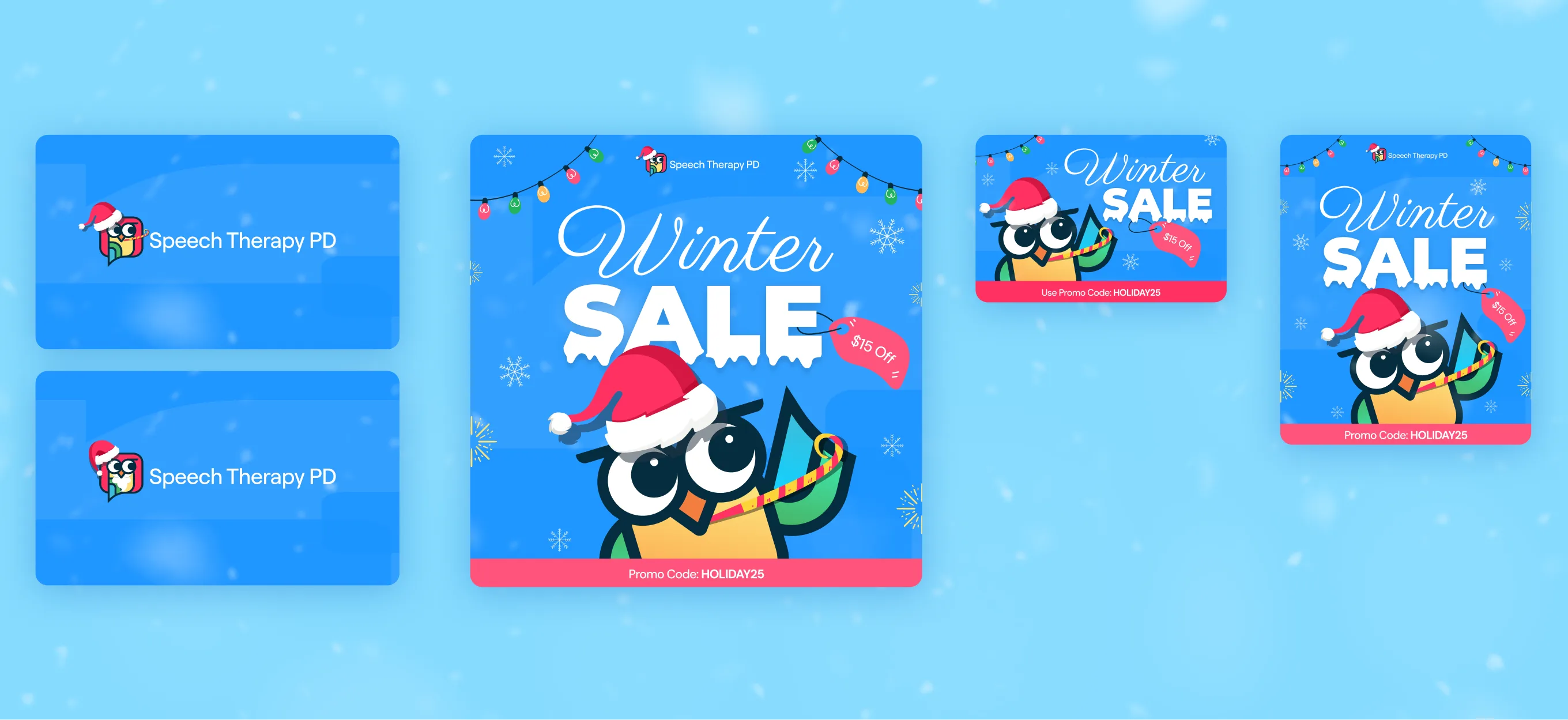 Brand board on light blue: logo versions, social post grid, email and story templates