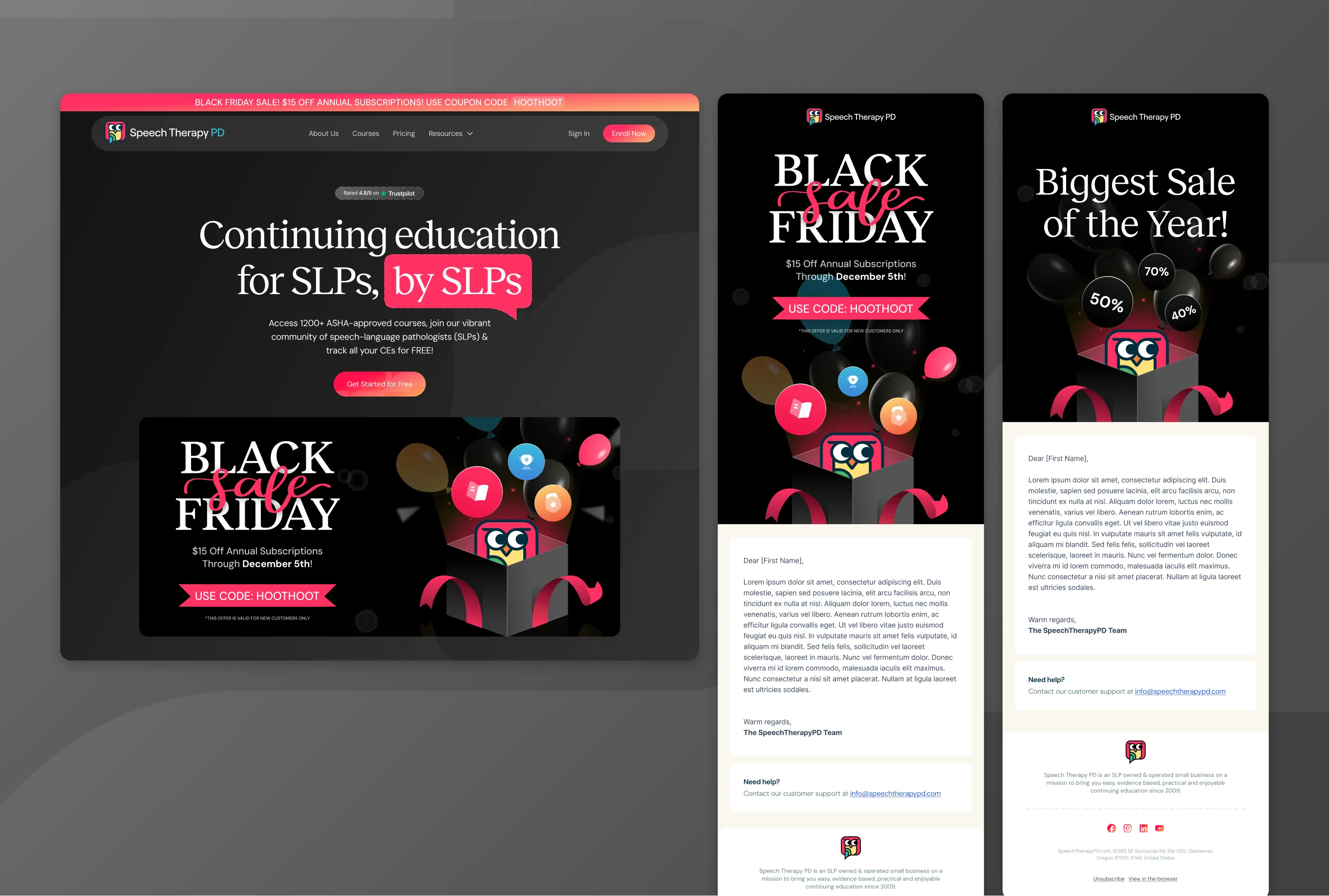 New homepage next to Black Friday email templates with the owl mascot