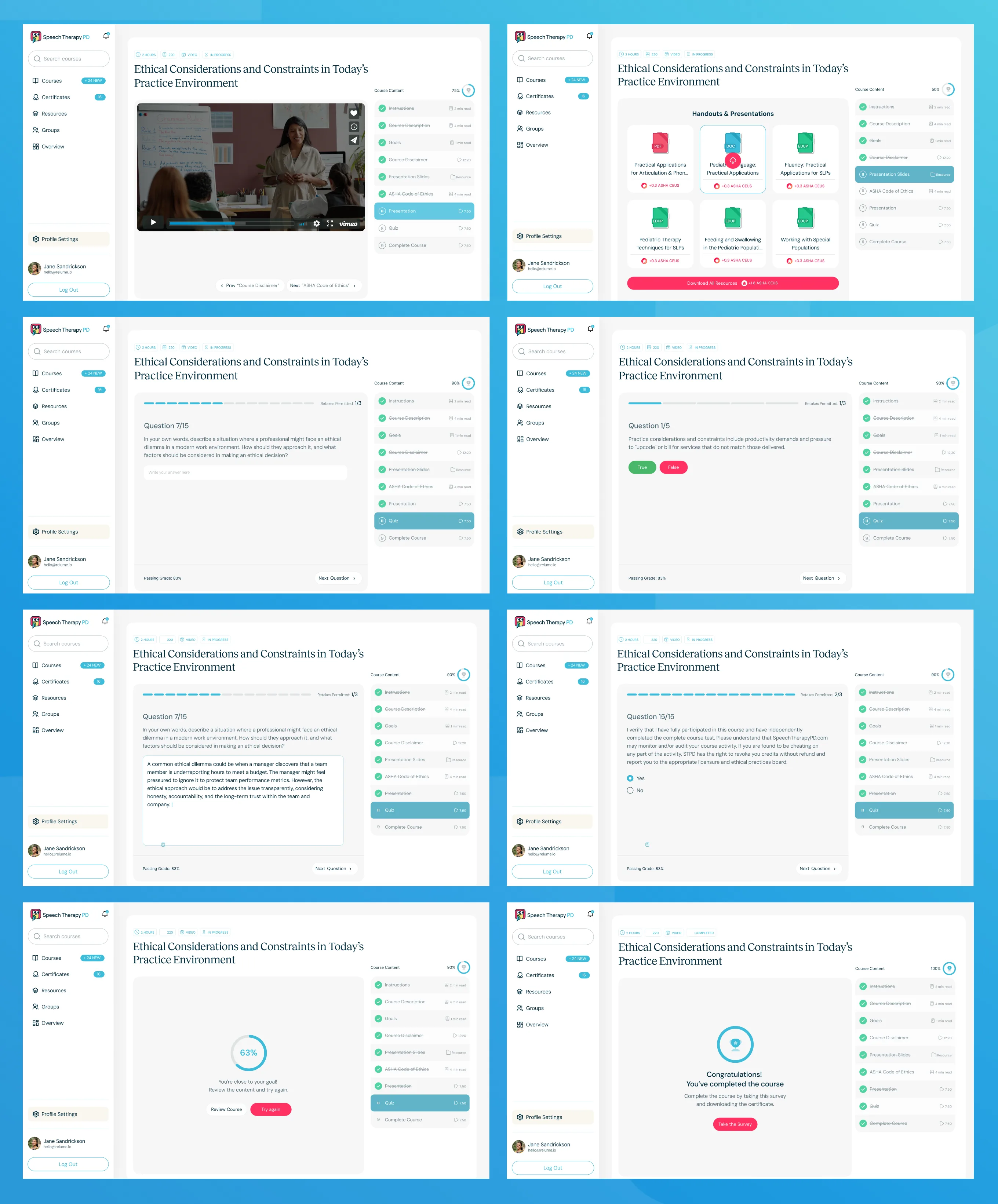 Course player screens on a pink background: video, handouts, and quiz formats from multiple choice to written response