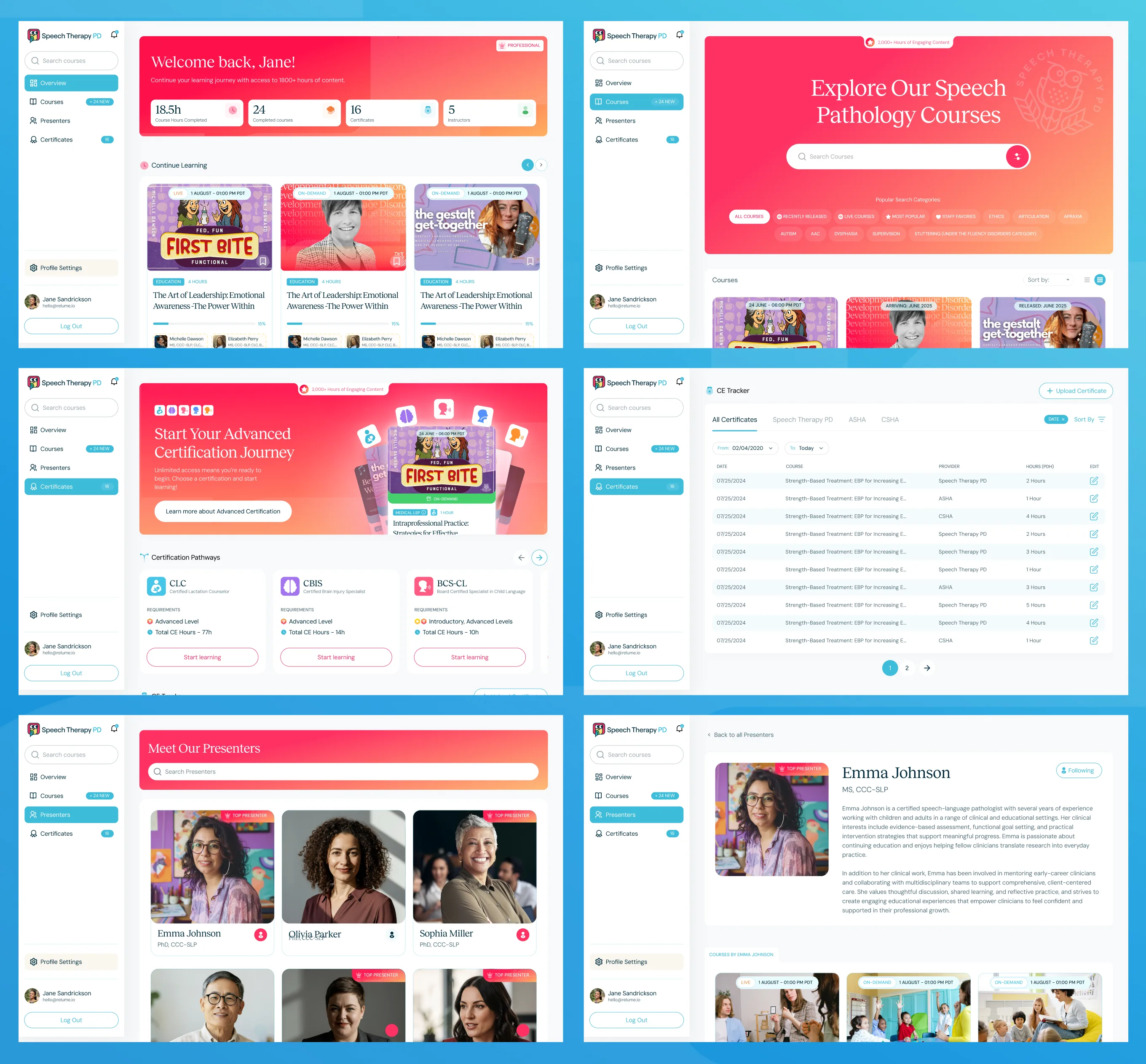 Dashboard screens: CE tracker overview, course library, certification pathways, presenter profiles, and notifications