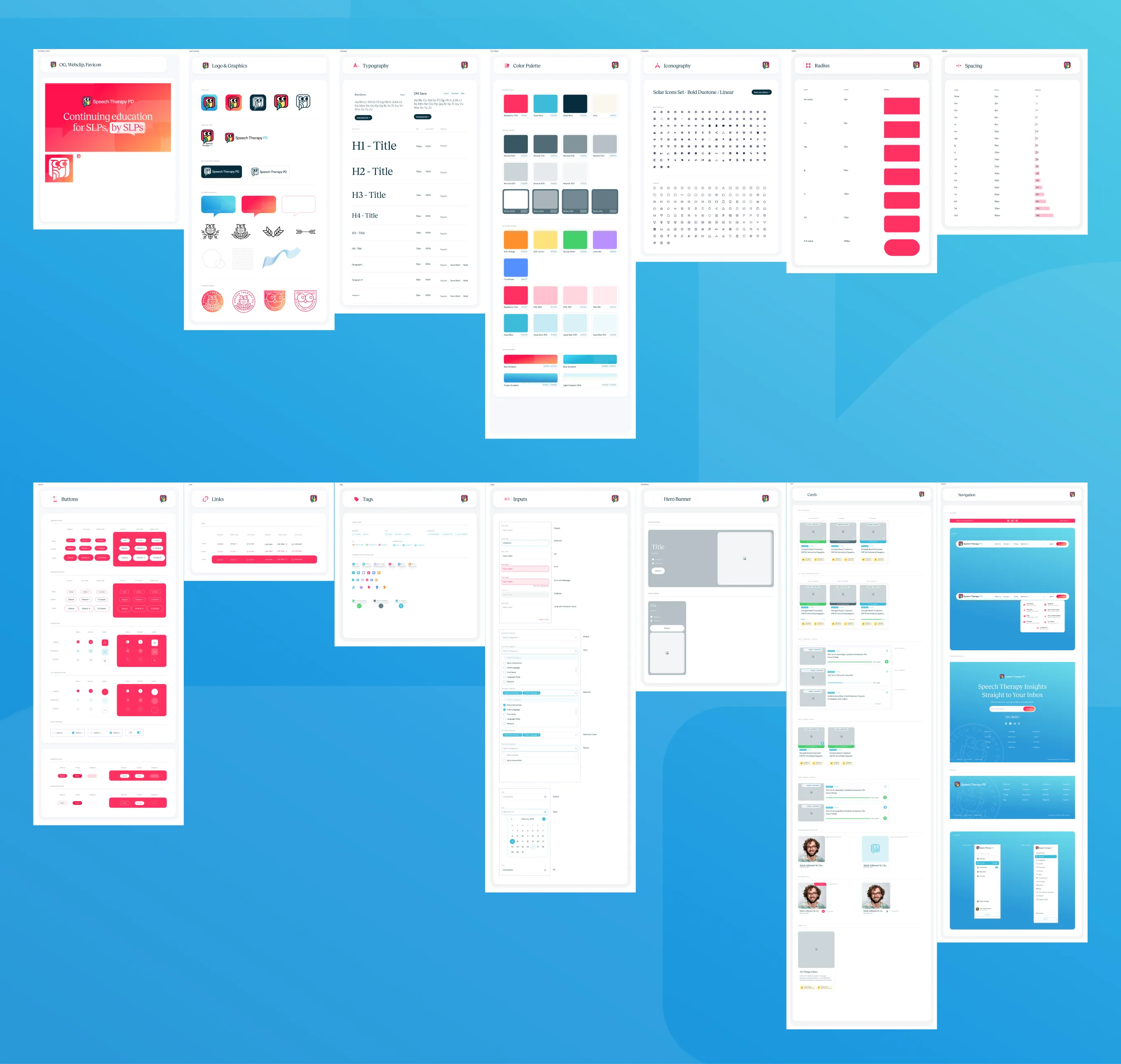 Design system board: typography, color palette, buttons, inputs, cards, navigation, and iconography sheets