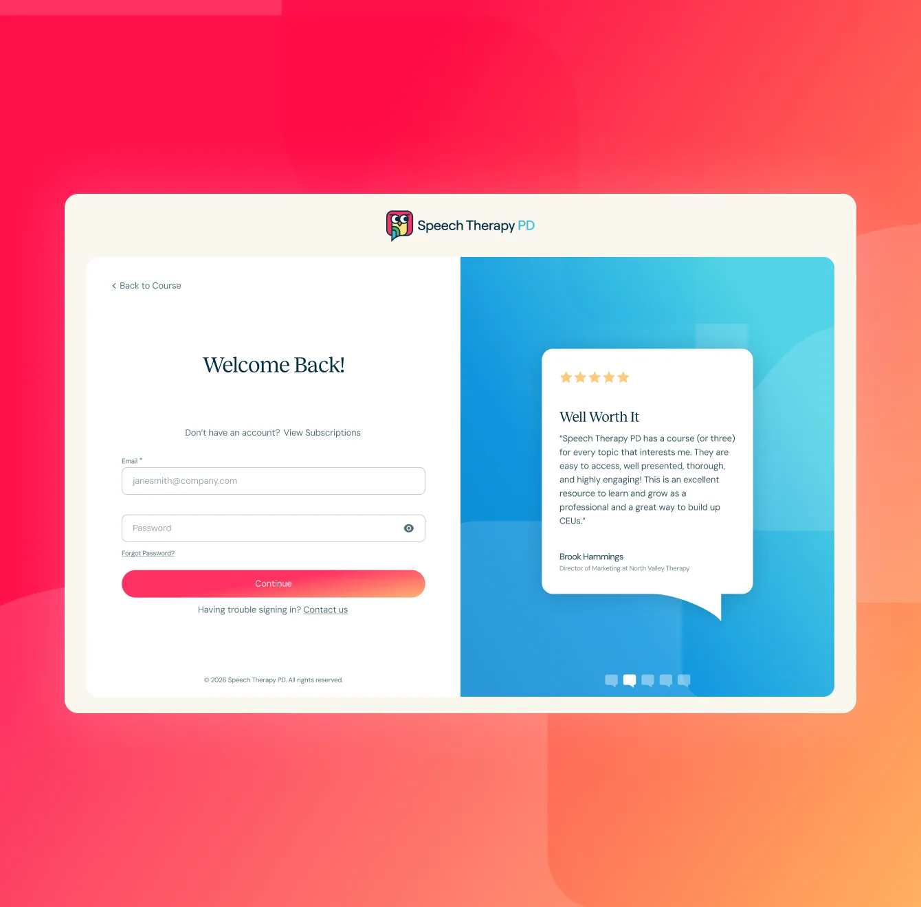 Welcome Back sign-in screen next to a five-star user testimonial