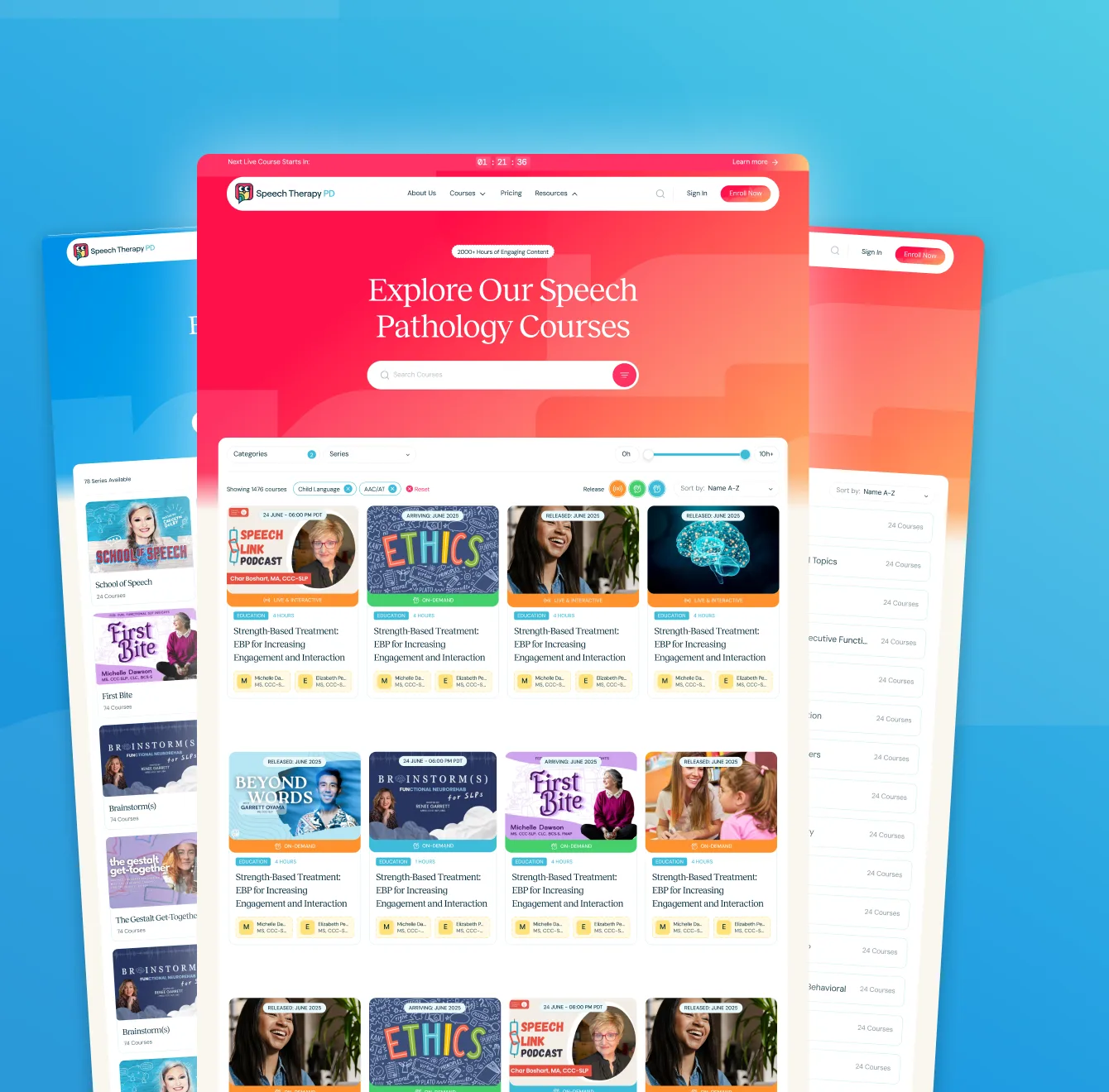 Fanned-out Speech Therapy PD site pages on a blue-to-red gradient