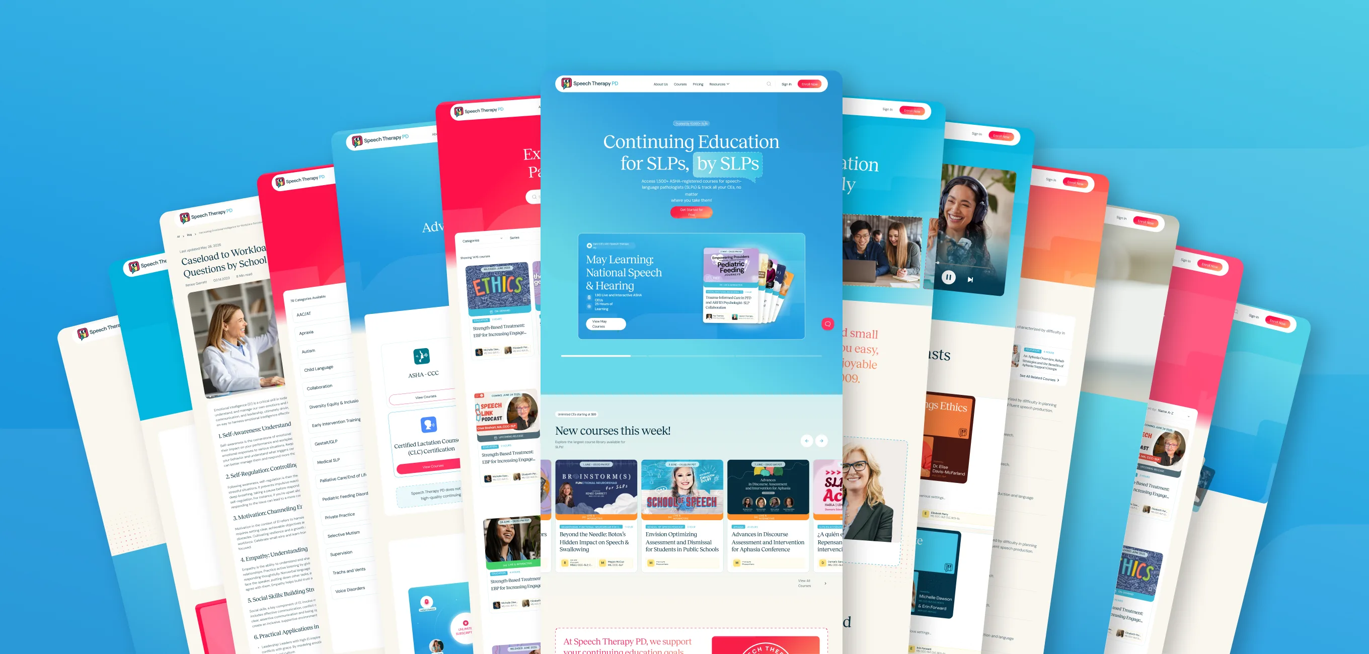 Fan of the new marketing site pages: homepage, course library, podcasts, and conference pages